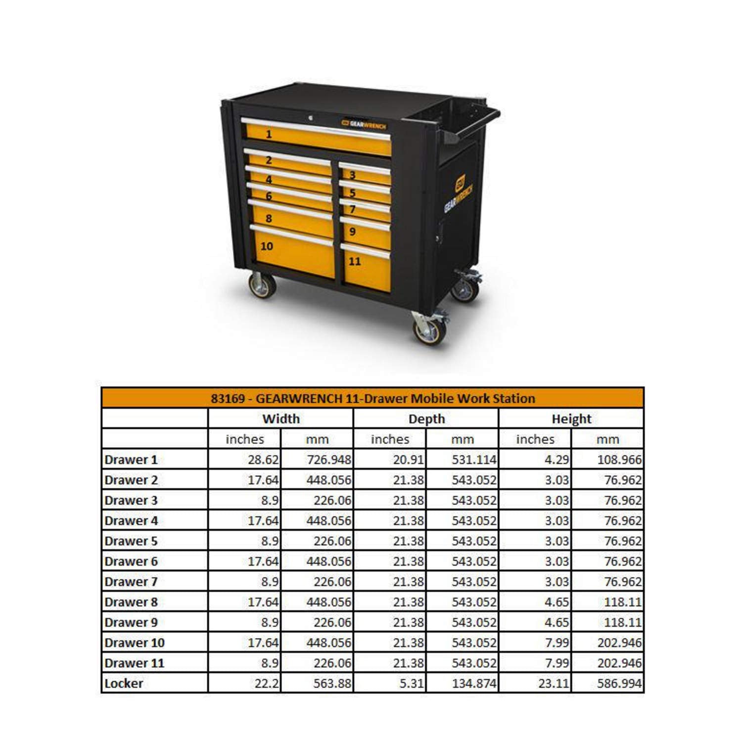 11 Drawer GEARWRENCH Mobile Work Station, Black & Orange - 83169