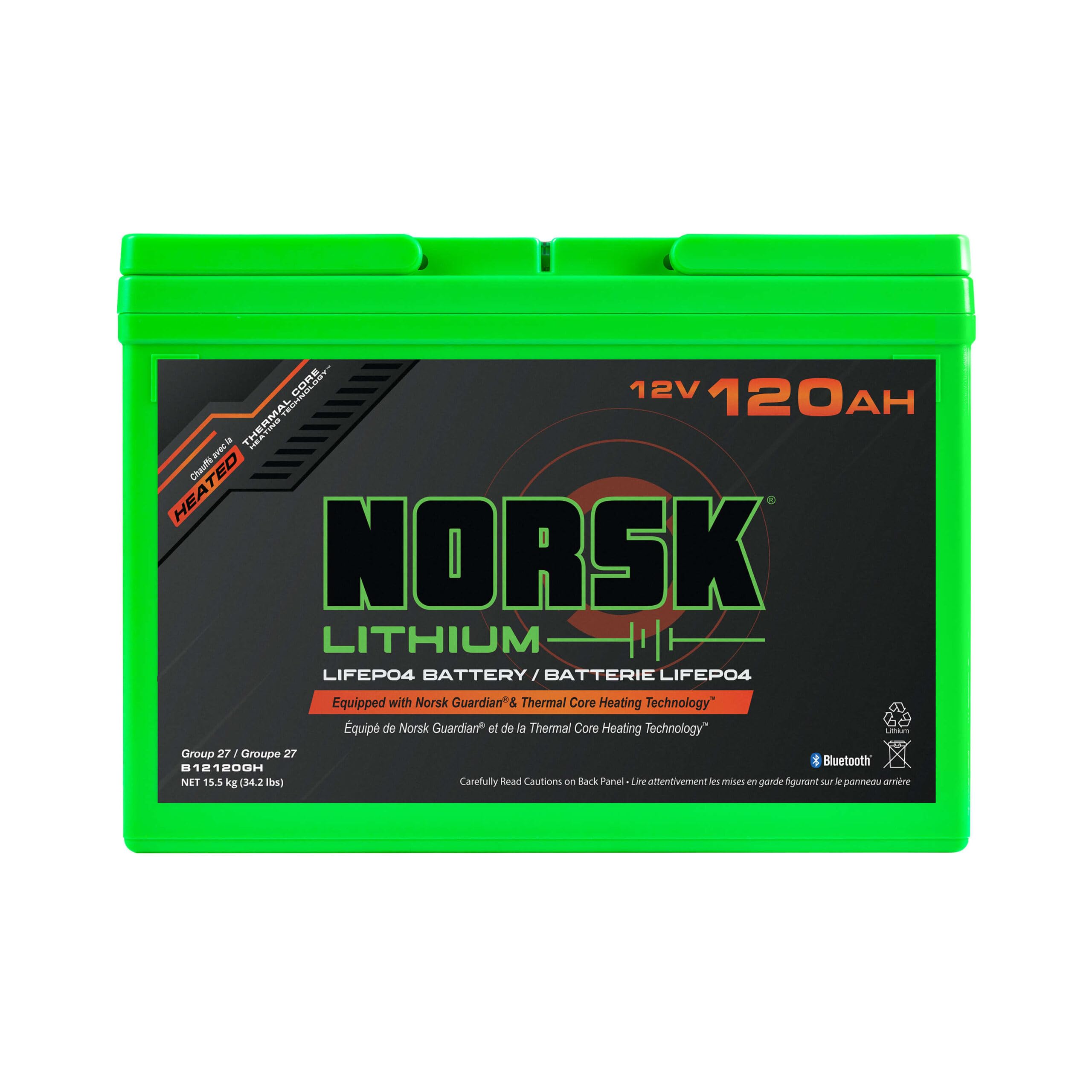 Norsk 12V Lithium 120AH Heated LiFePO4 Marine Battery | Group 27 | Bluetooth | Thermal Core Heating Technology | IP67 Waterproof | Perfect for RV, Solar, Boat, Marine, Trolling Motor