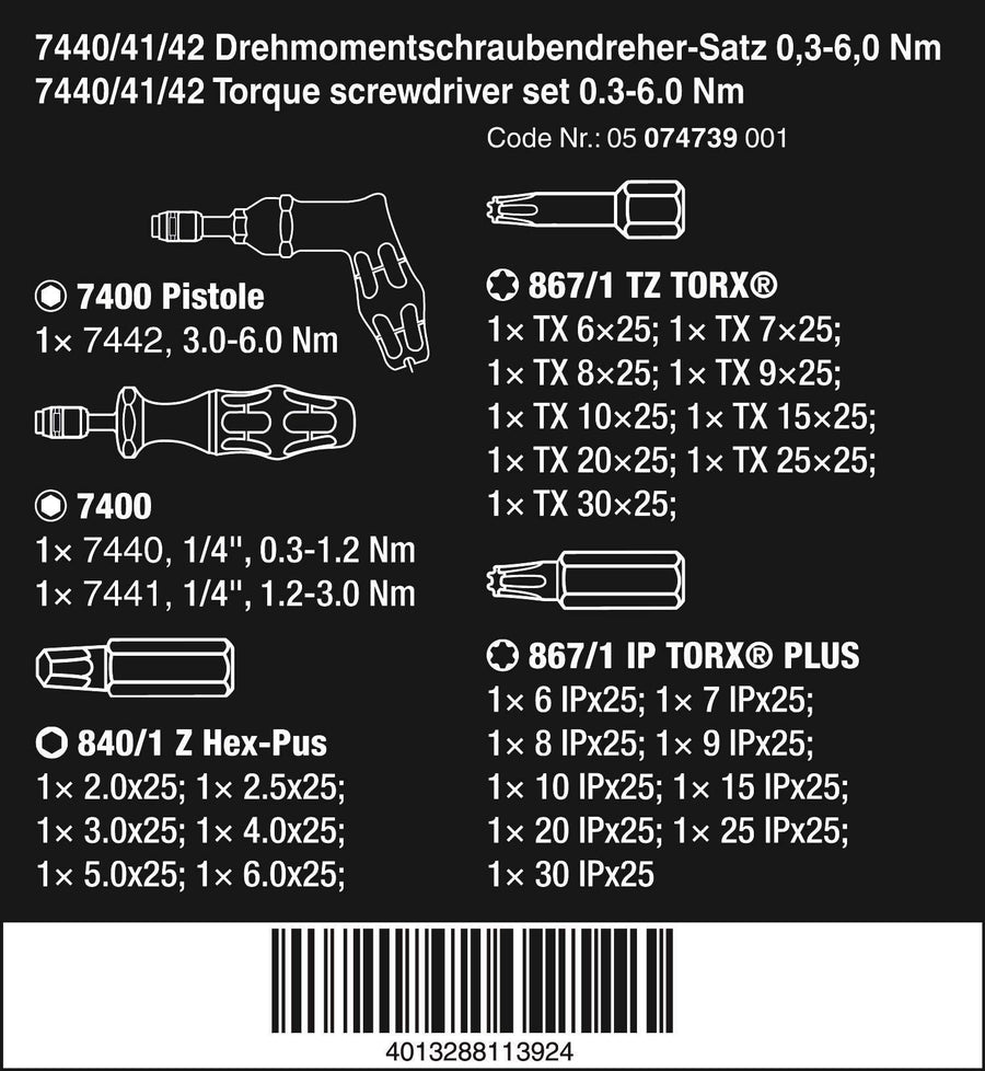 Wera - 5074739001 Torque Screwdriver Kraftform 7440/41/42 0.3-6.0 Nm and Bit Set, 27-Piece