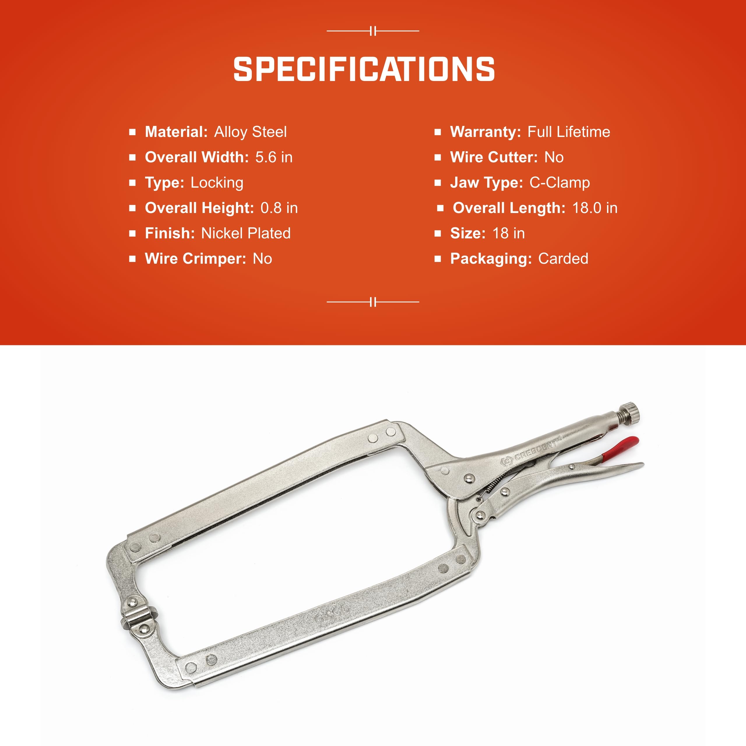 Locking C-Clamp Crescent - Heavy-Duty, Adjustable Metal Clamp with Compound Action & Hex Key Receiver - C18CCSN - 18", Red