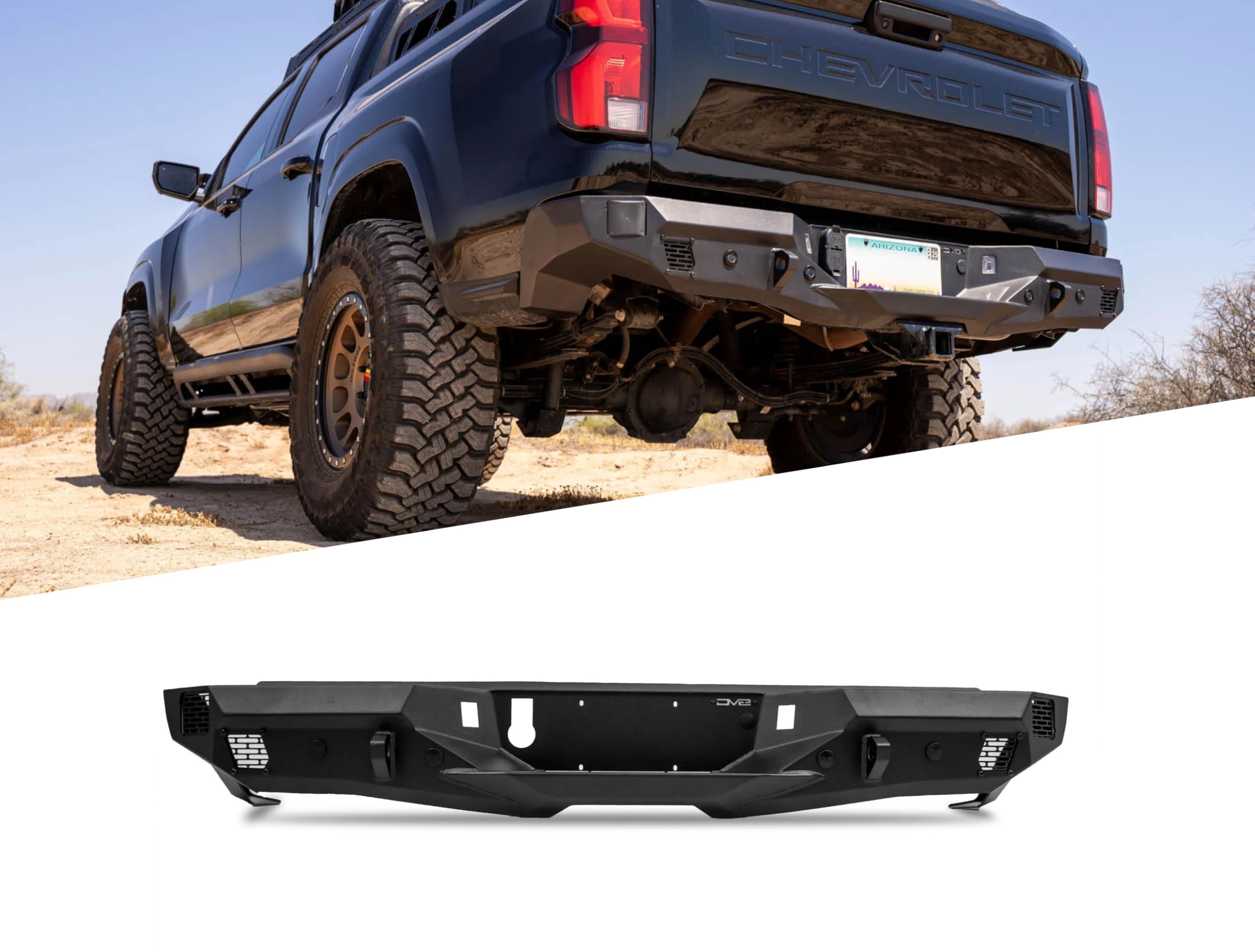 Rear Bumper DV8 Offroad Spec Series for 2023-2024 Chevy Colorado & GMC Canyon | Two 3" Pod Light Mounts | Integrated D-Ring Mounts | Retains Blind Spot Monitoring & Sensors | Powder Coated | Steel