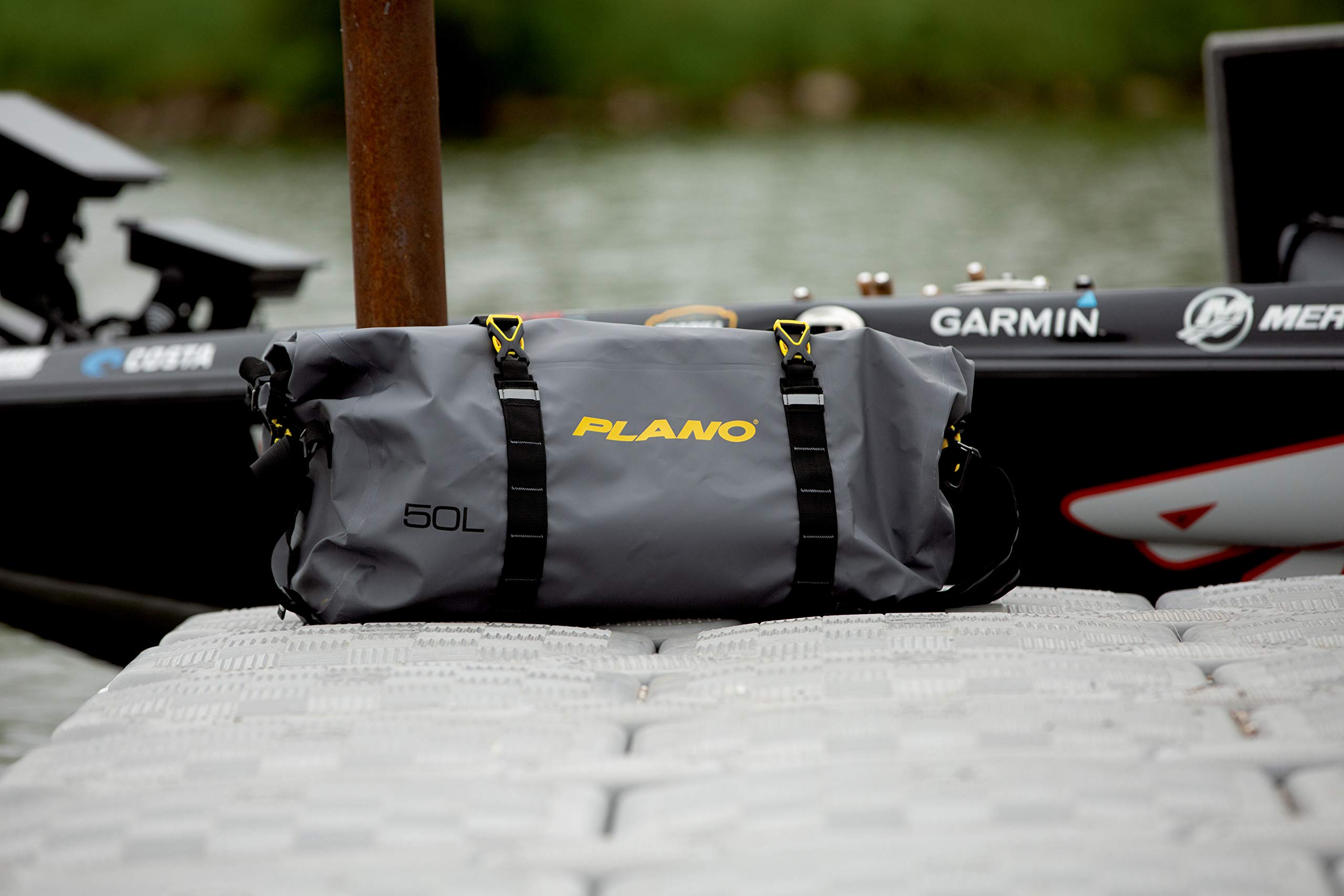 Z-Series Plano Roll-Top Waterproof Duffel with Backpack Straps, Gray with Yellow Accents, 500D PVC Fabric Fishing Dry Bag, Soft Fishing Duffel Bag Storage