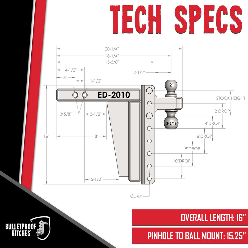 2.0" BulletProof Hitches Adjustable Extreme Duty Trailer Hitch (30,000 lb. Rating) - 10" Drop/Rise with 2" and 2 5/16" Dual Ball - Powder Coat, Solid Steel, Corrosion-Resistant