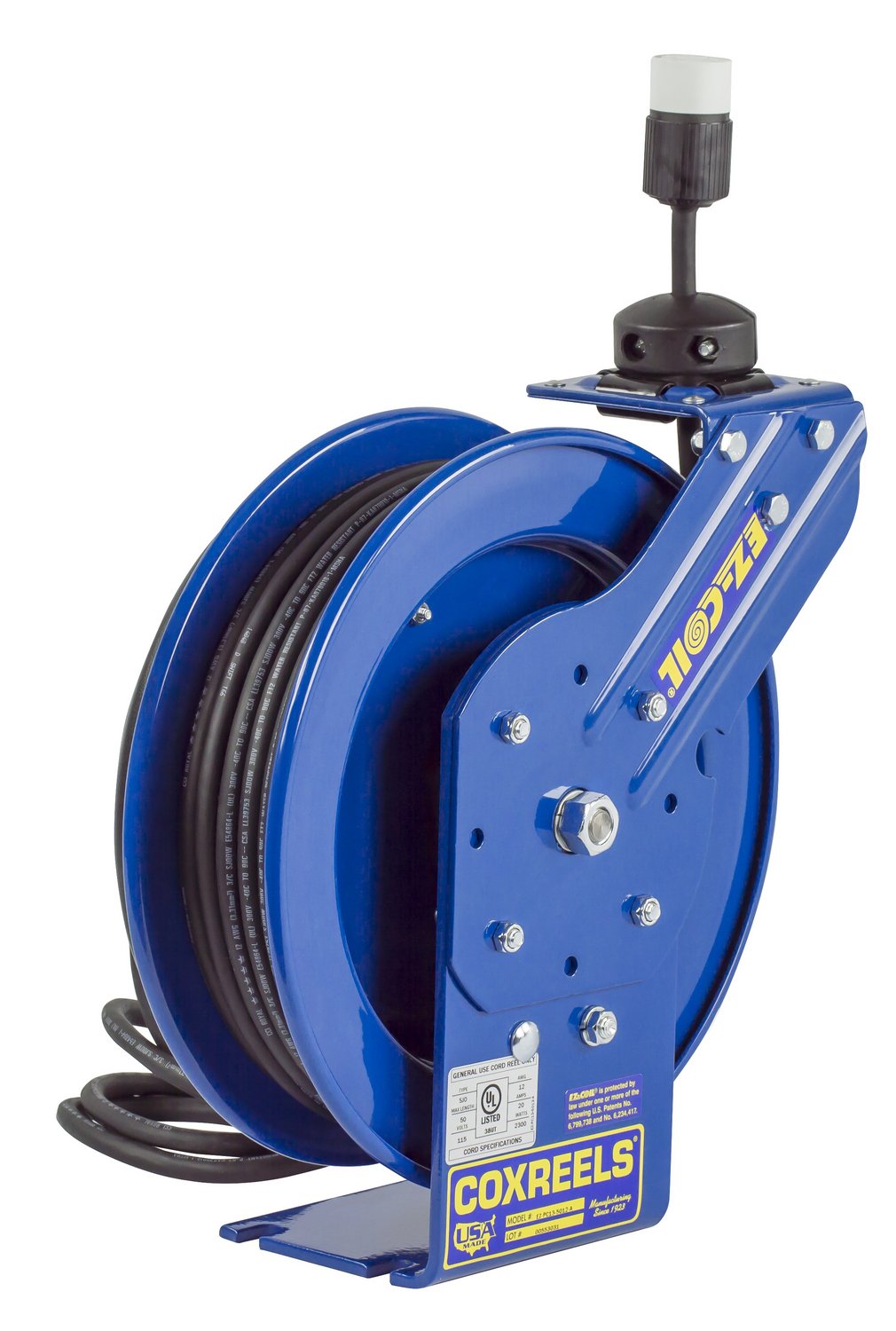 Coxreels Power Cord Reel EZ-Coil Safety Series with Single Receptacle - 50 Ft., Model# EZ-PC13-5012-A