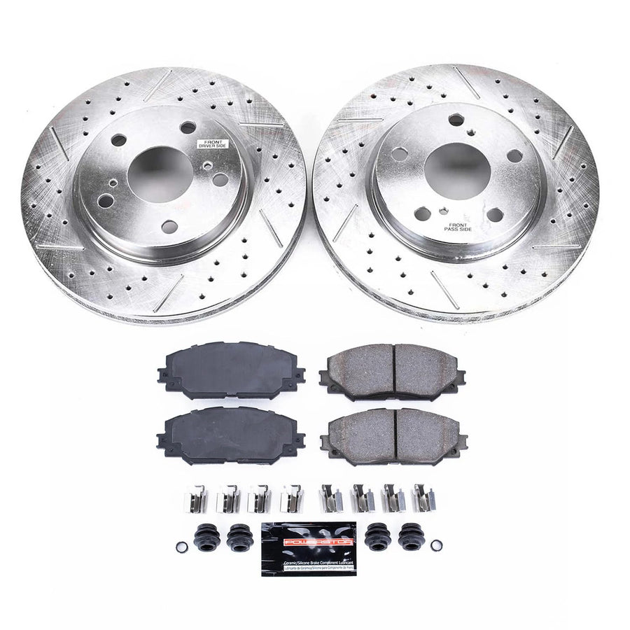Power Stop K258 Front Z23 Brake Pads Carbon Fiber with Drilled and Slotted Brake Rotors Kit For 2006-2008 Toyota Rav4 Models Without 3rd Row Seat | 2013-2018 Rav4 Models With 275mm Front Rotors