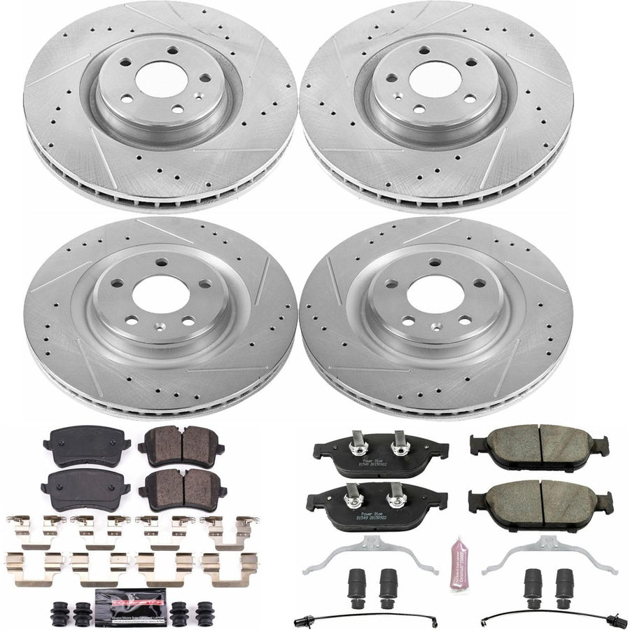 Power Stop K6130 Z23 Carbon Fiber Brake Pads Front and Rear with Drilled and Slotted Brake Rotors Kit and 1 Front & 1 Rear Sensor Wires For 2012 2013 2014 2015 2016 Audi A6 Quattro A7 Quattro