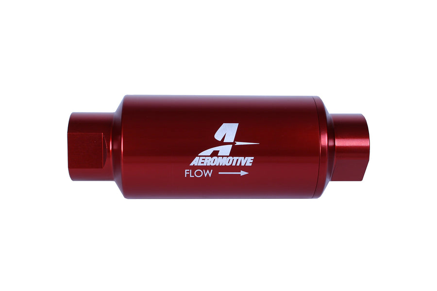 In-Line Aeromotive 12340 Filter, 10-Micron Microglass Element, ORB-10 Port, Bright-Dip Red, 2" OD