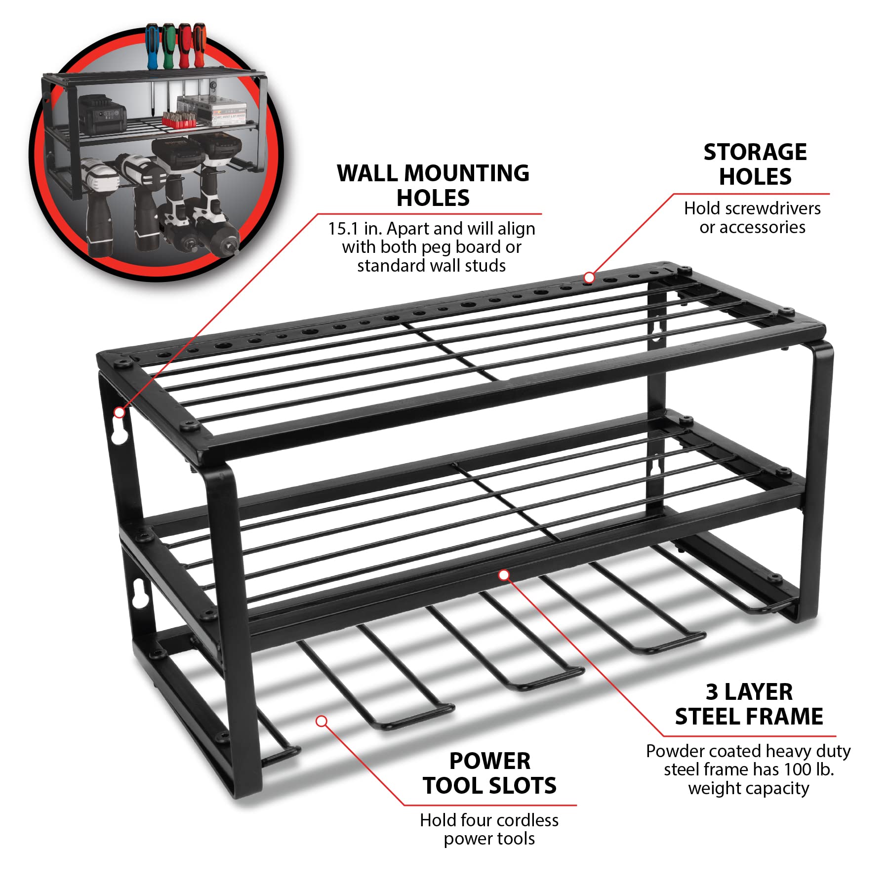 Power Tool Performance Tool W7701 Organizer Wall Mount - Hand Tool Storage Racks, Utility Racks, Drill Holder & More - 3 Tier Sturdy Iron 16" Cordless Tool Organizers