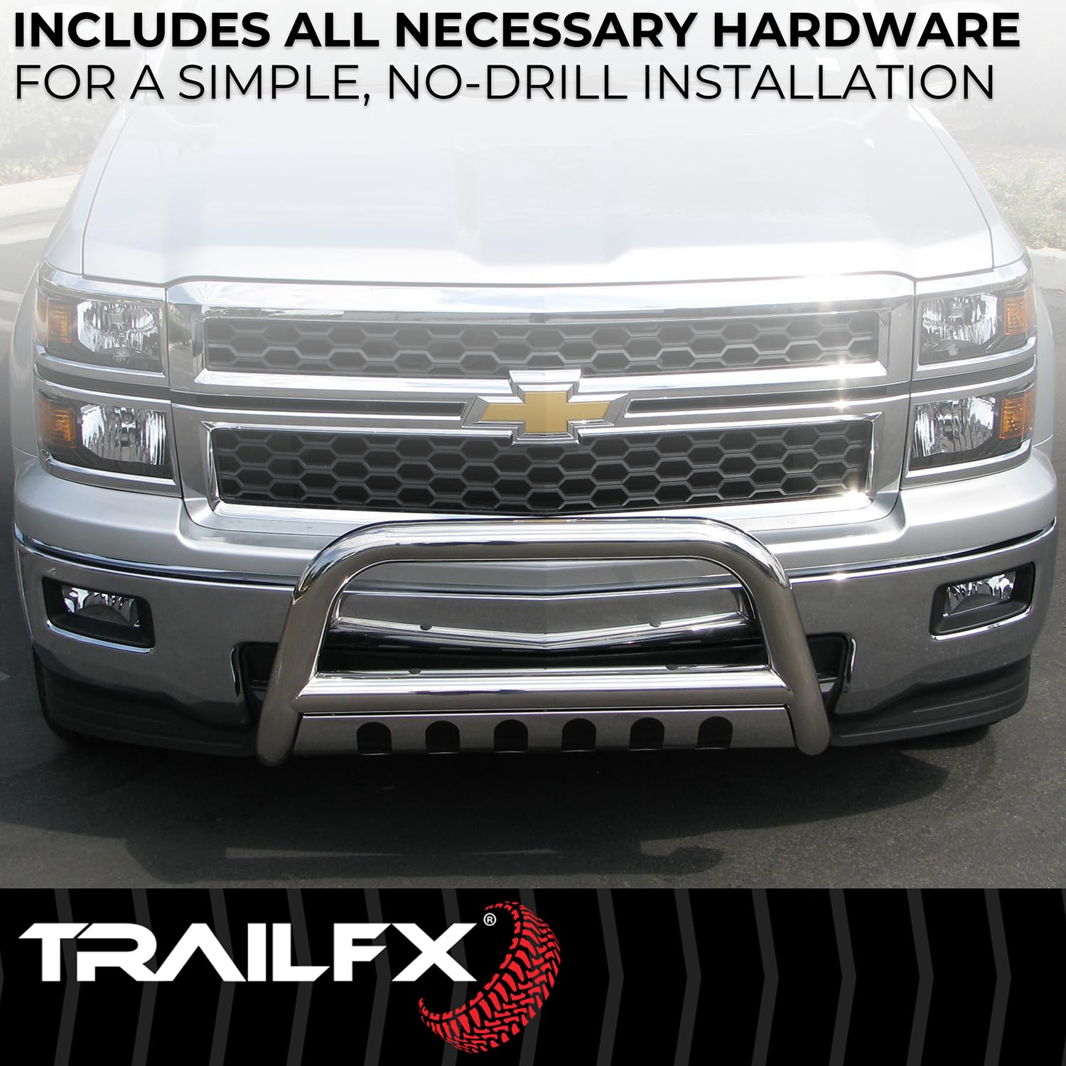 Bull Bar Trailfx B0046S, 3 Inch Diameter, Polished, Stainless Steel, with Skid Plate/Holes for Optional Lighting, 6-1/2 Inch Max Light/ 20 Inch Max Light Bar, Fits 2024-2025 Toyota Land Cruiser
