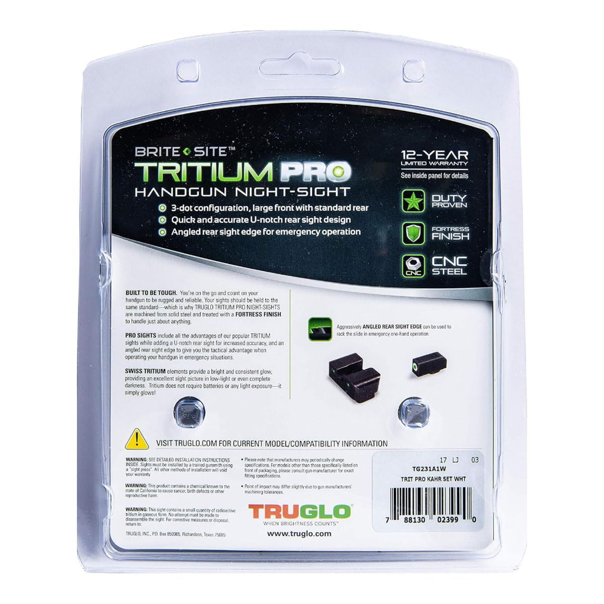 TRUGLO Handgun Tritium Pro Night Sights, Compatible with Kahr Arms Models | Glowing Gun Sights with Daylight White Dots, Night Tritium Dots & White Focus Lock Front Ring