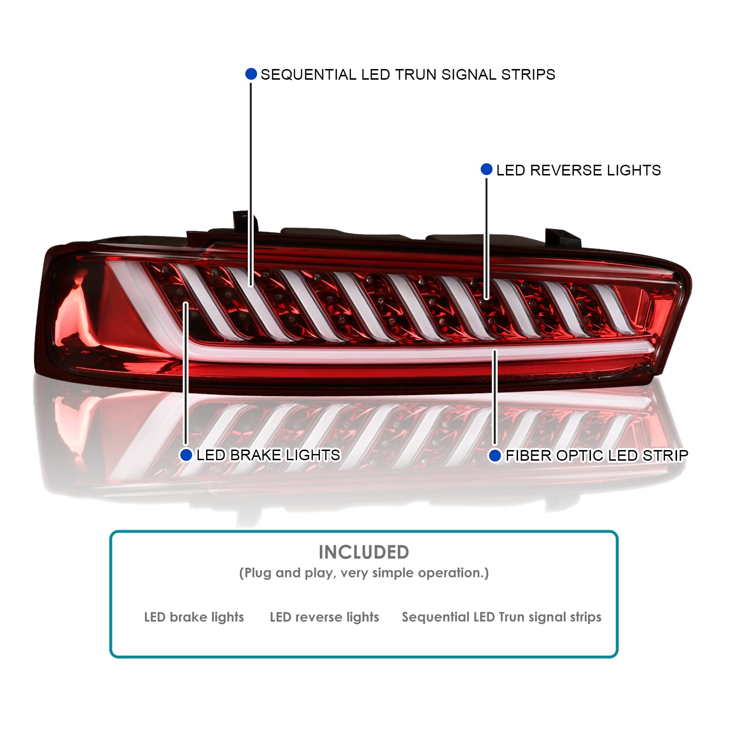 LED Tail Lights Spec-D Tuning Red Lens Compatible with 2016-2018 Chevy Camaro with factory LED type tail lights, Left + Right Pair Assembly
