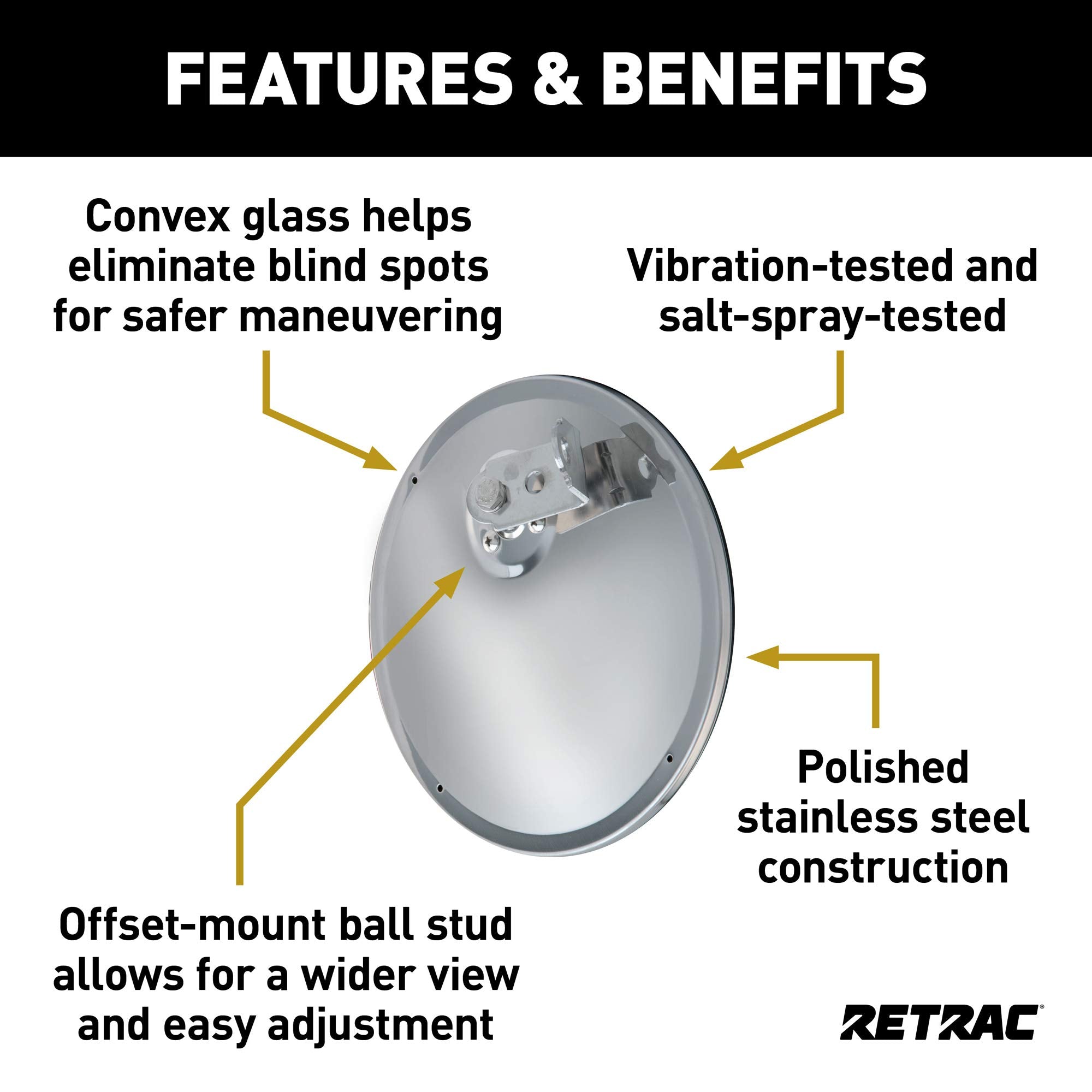 8-1/2-Inch RETRAC Stainless Steel Offset-Mount Convex Mirror Head with J-Bracket, Universal Driver or Passenger Side