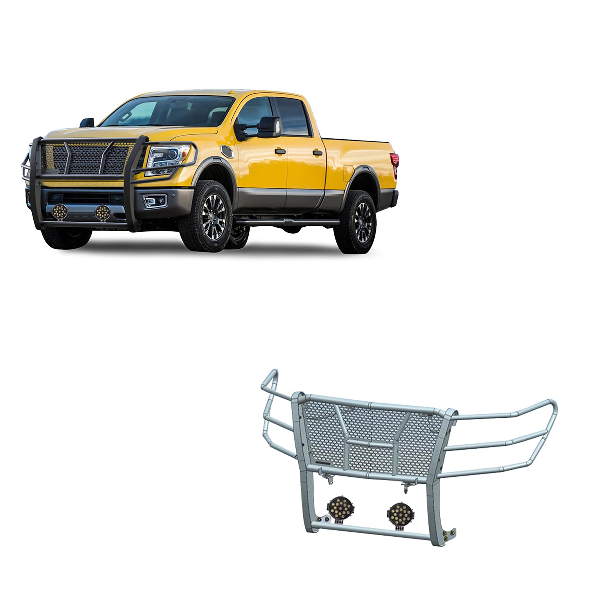 Heavy Duty Black Horse Rugged Grille Brush Bumper Guard Modular Black Come with Pair of 7.0" Dia.LED Lights with Black Trim Rings Compatible with 2017-2024 Nissan Titan XD-RU-NIXD16-B-PLB