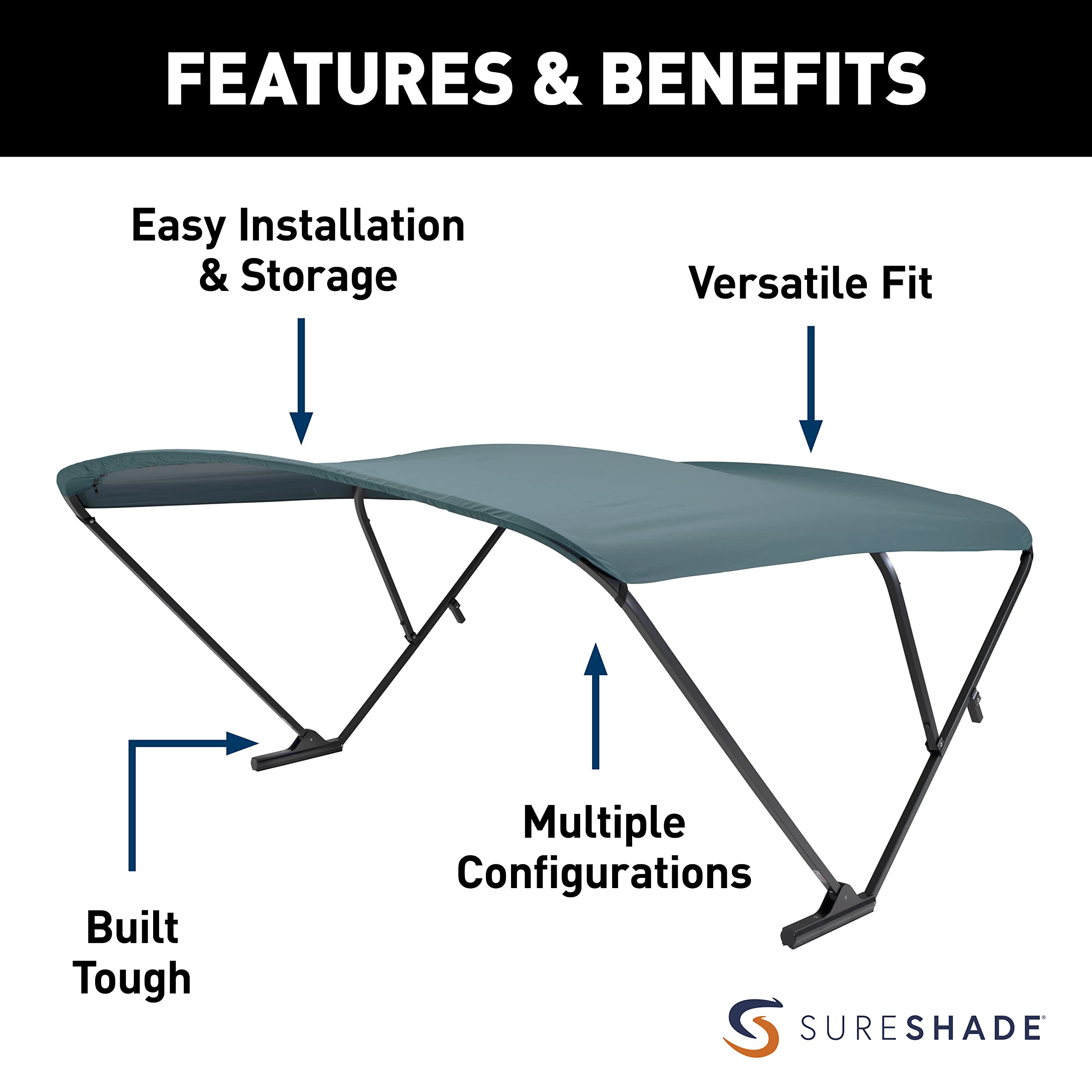 Power SureShade Pontoon Bimini Top - Black Anodized Frame, Green Fabric