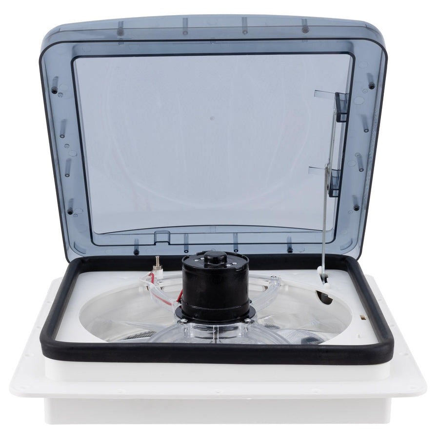 Zephyr RV HENG'S INDUSTRIES 14" Roof Vent Fan | Clear Lid | Manaul Crank | White Screen Frame, Collar, & 6" Square Garnish | SV0112-G4 / 70112V-G4