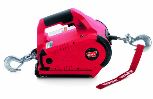 PullzAll WARN 885030 Cordless 24V DC Portable Electric Winch with Steel Cable and 1 Rechargeable Battery Pack: 1/2 Ton (1,000 lb) Lifting/Pulling Capacity, Red