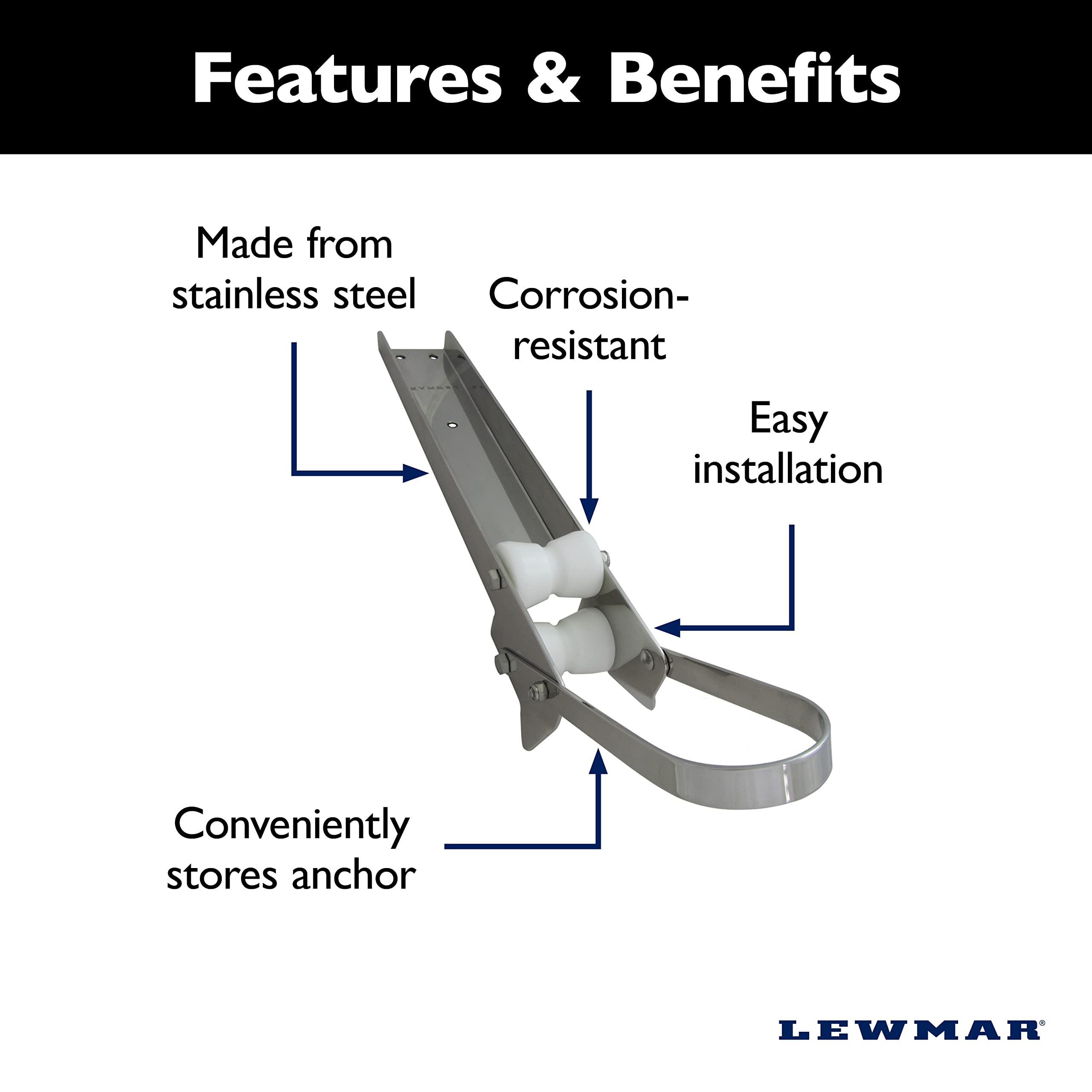 Bow Roller Lewmar for Delta Anchors 14-35 lbs., Stainless Steel Construction, Derlin Rollers, Easy Installation, mounting Hardware not Included - 2020202313