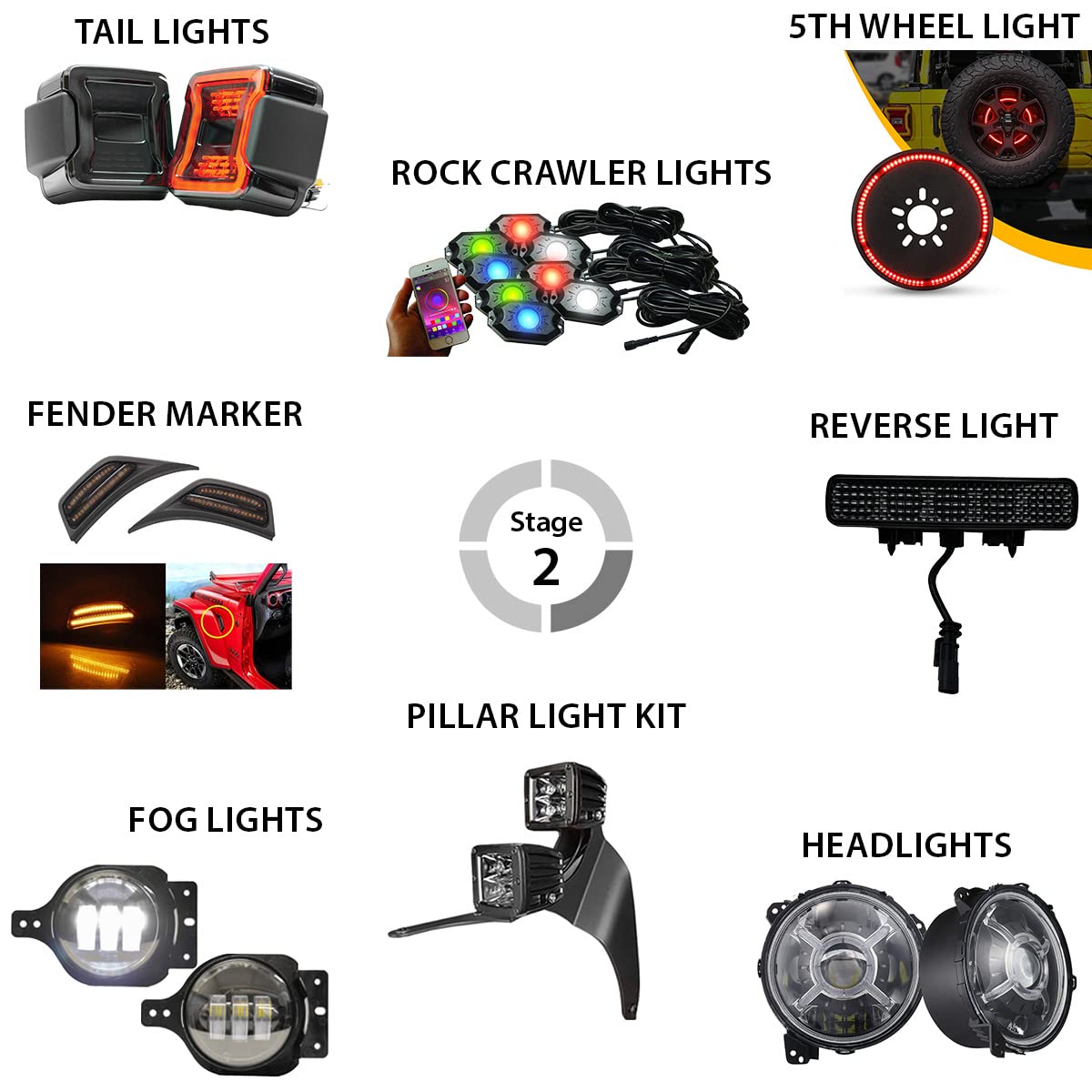 Race Sport Lighting Stage 2 Auxiliary Light Fit Trail Runner LED Lighting Package fits 2018 and up Jeep JL S2JJLK