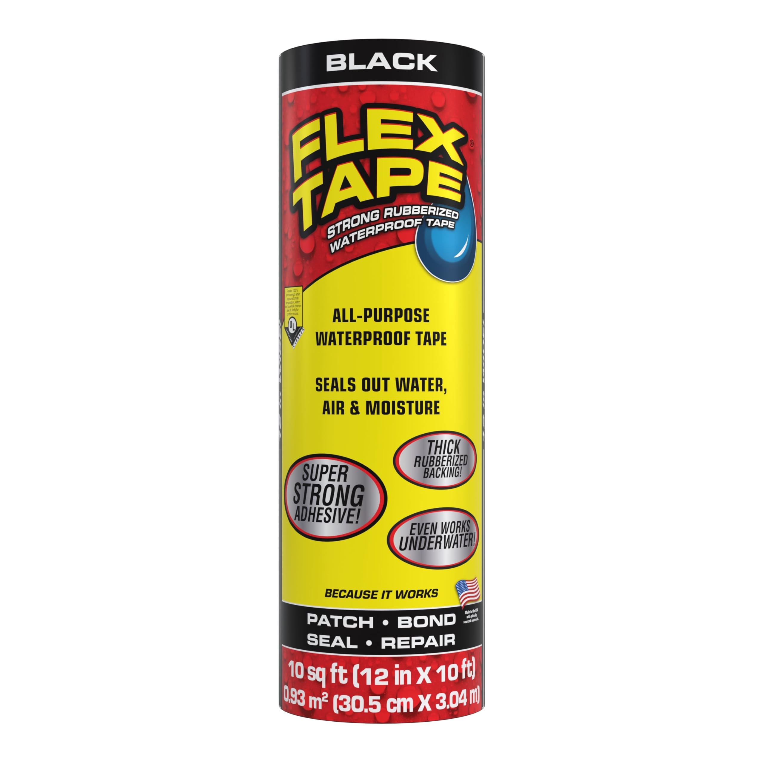 Original Flex Tape, Thick Flexible Rubberized Waterproof Tape - Seal and Patch Leaks, Works Underwater, Indoor Outdoor - Home RV Roof Plumbing and Pool Repairs, Black, 12 in x 10 ft, Pack of 1
