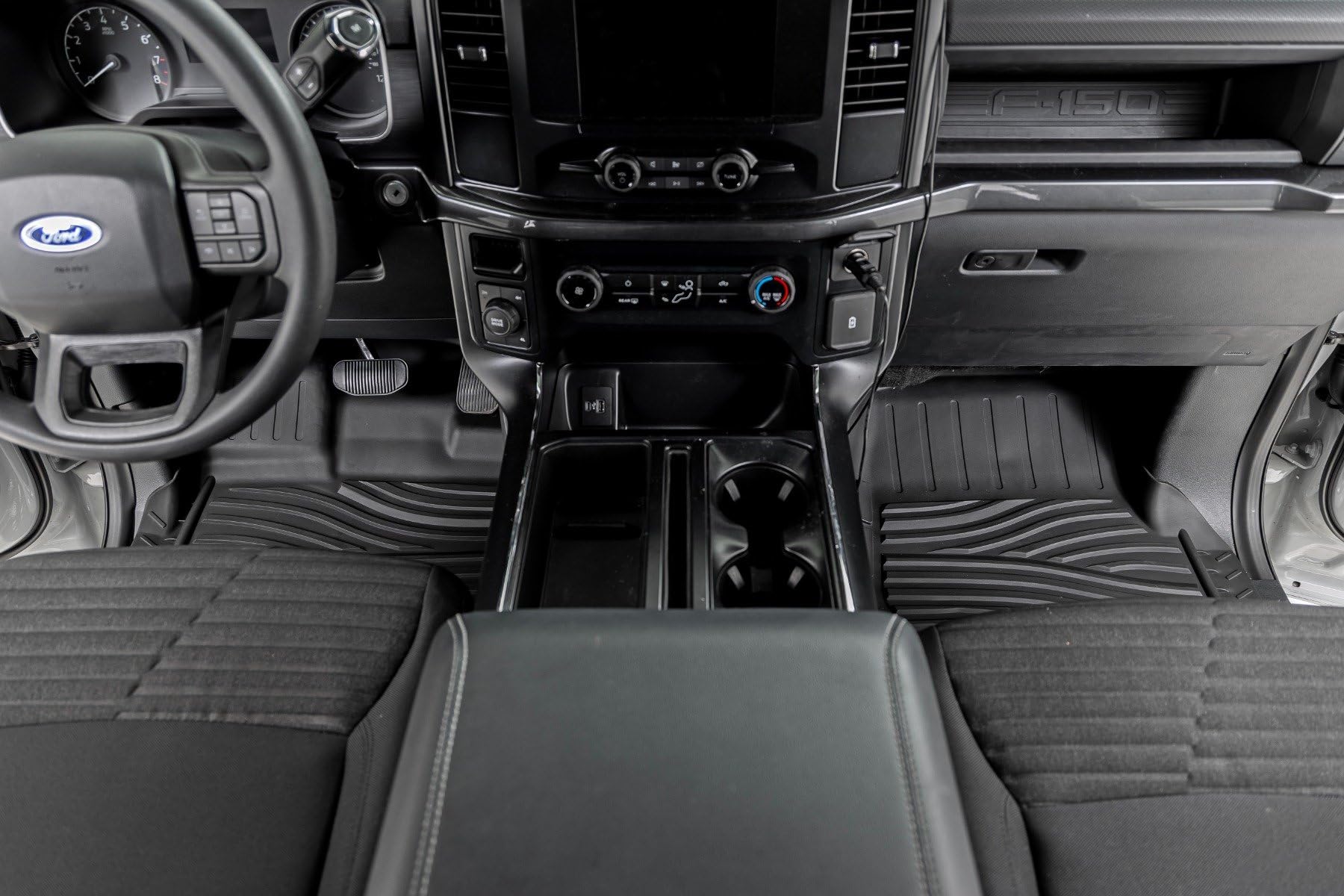 Flex-Fit Rough Country Floor Mats for Ford F-150 (2015-25)/F-150 Lightning (2022-25)/Raptor (2017-25) Crew Cab - Front & Rear Set, All-Weather Non-Slip TPE Liners w/Spill Saver Lip