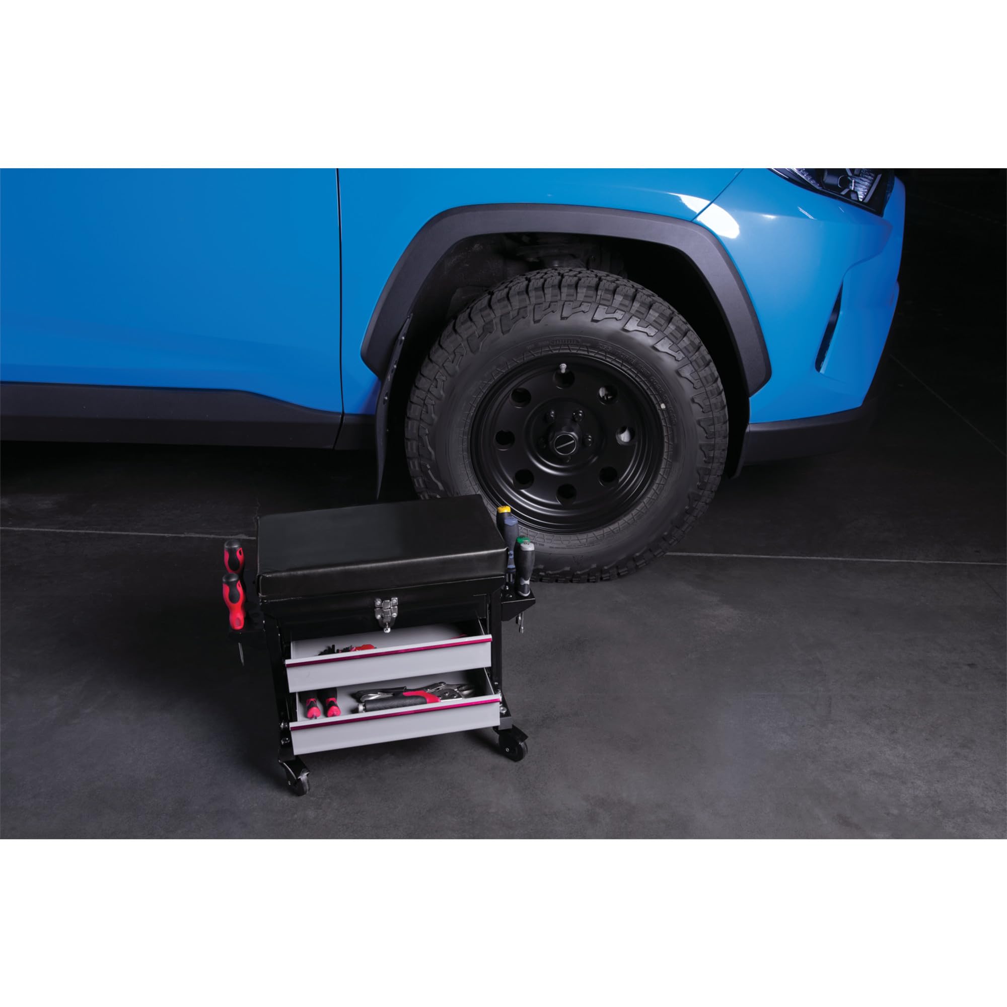 W85024 Performance Tool Drawer Creeper Rolling Work Seat with Tool Box for Mechanic Garages and Workshops, Black, 16x9-inch Seat