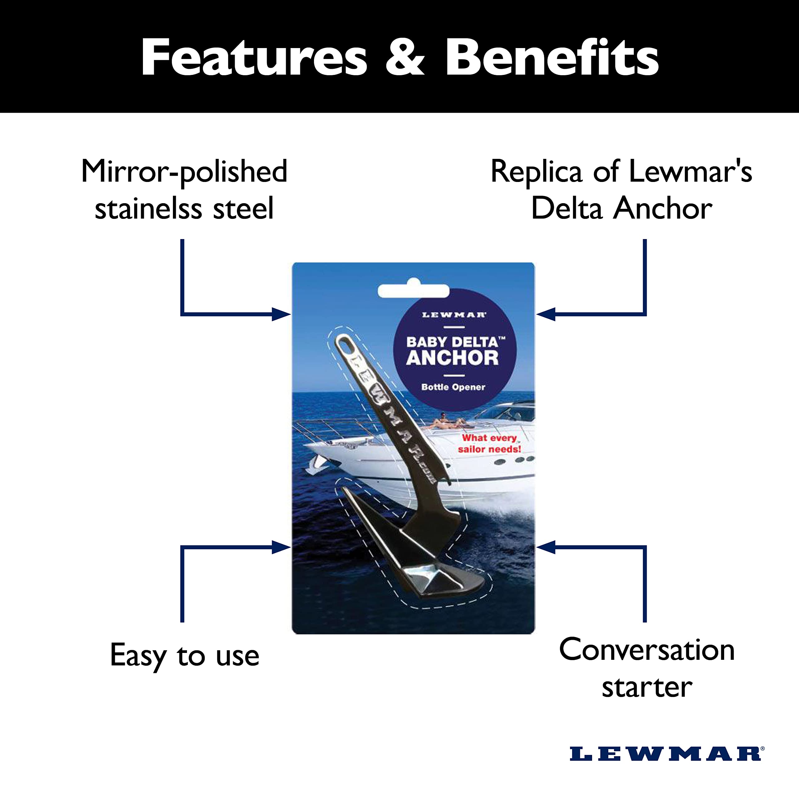 Baby Delta Anchor Lewmar Bottle Opener, 5-1/4" L x 2" W x 1-1/2" H Mirror-Polished Stainless Steel, Boat Galley Gift, Novelty Replica