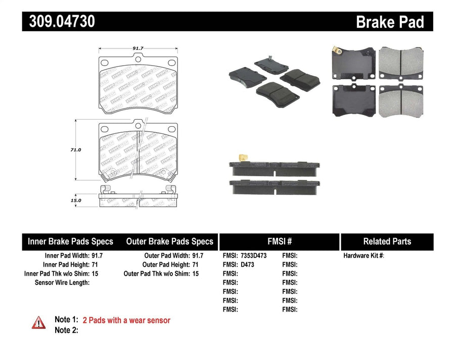 Sport Brake Pads StopTech 309.04730 with Shims and Hardware