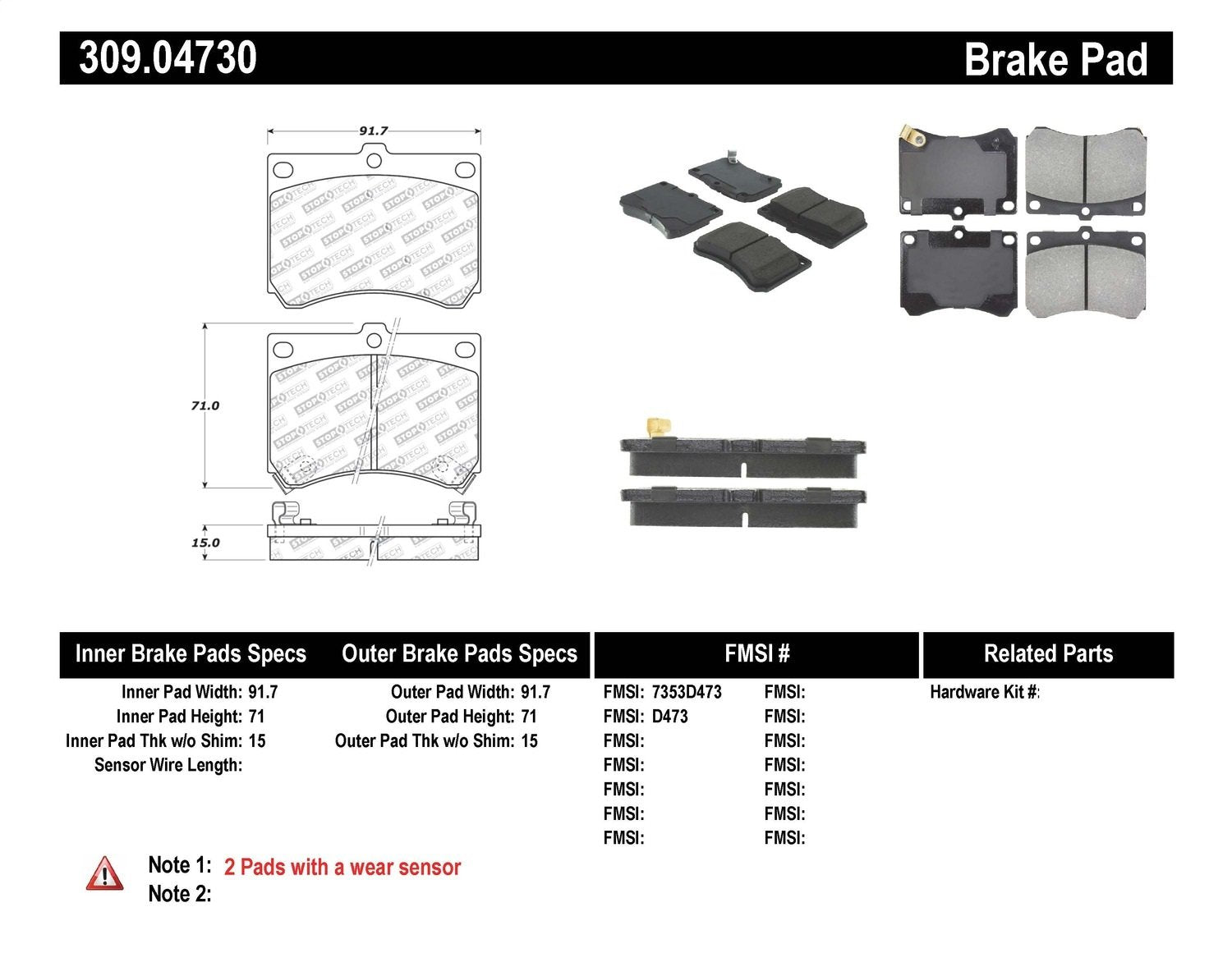 Sport Brake Pads StopTech 309.04730 with Shims and Hardware
