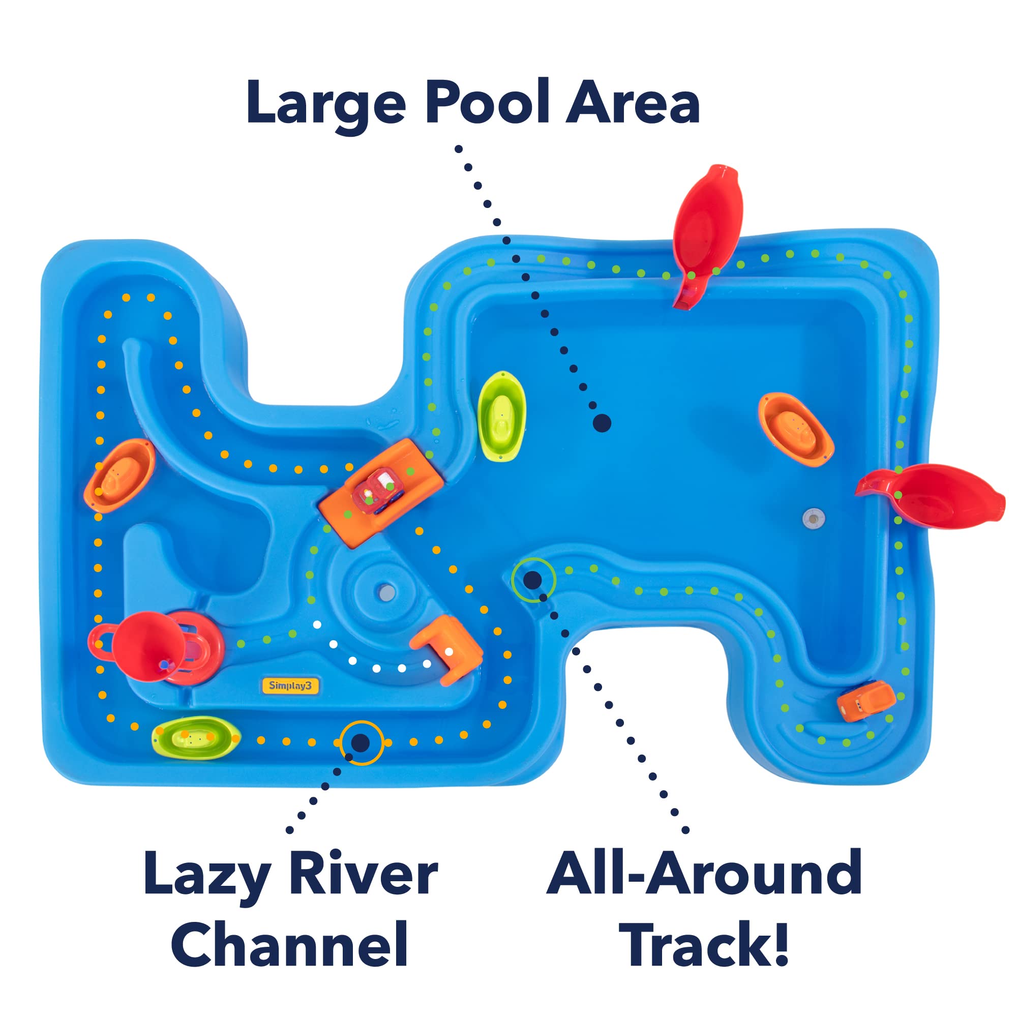 Simplay3 Water Play Table Big River and Roads, Outdoor Activity Table with Track Toys for Toddlers and Kids, 9 Accessories Included, Made in USA