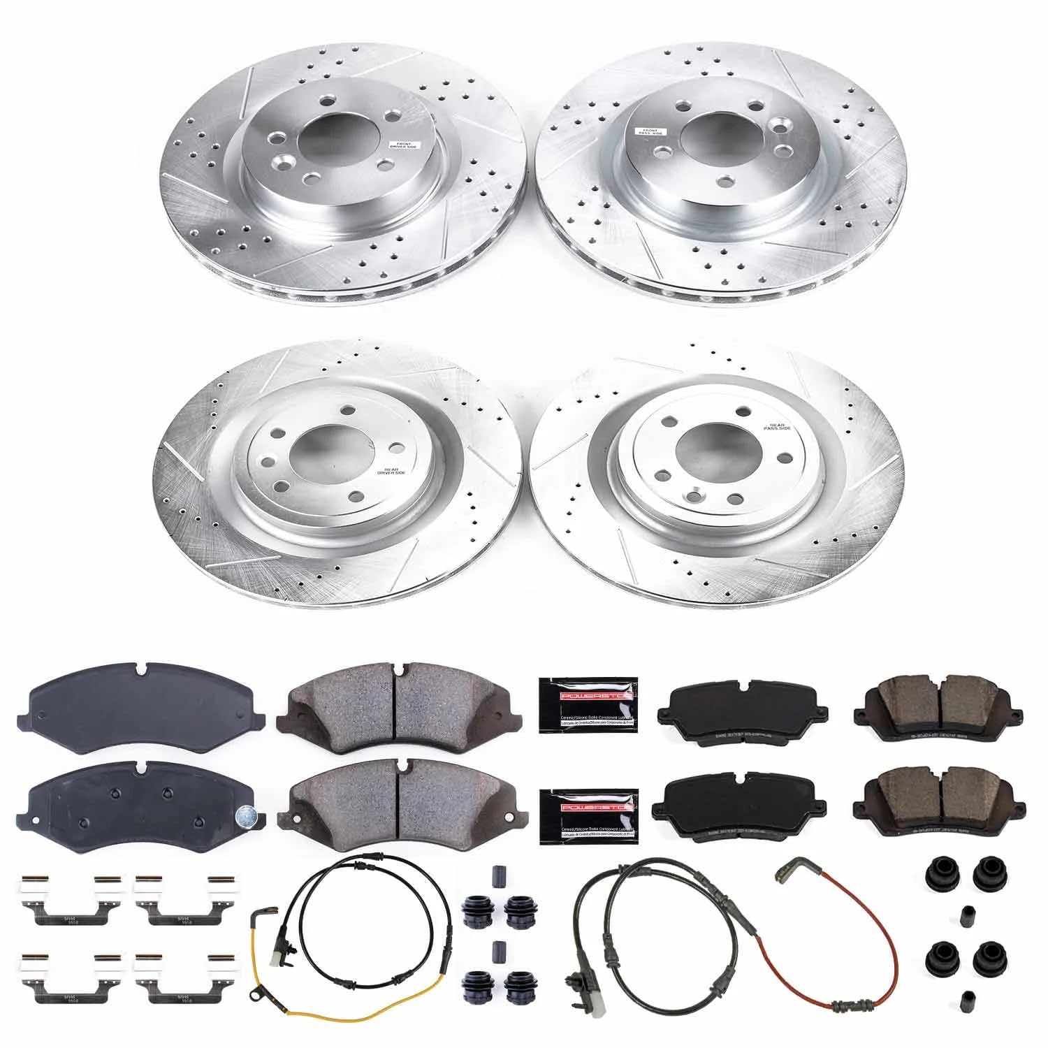 Power Stop K7260 Z23 Evolution Sport Brake Upgrade Kit Front & Rear and 1 Front & 1 Rear Sensor Wires For Land Rover Discov, Land Rover Range Rover, Land Rover Range Rover Sport [Model Specific]