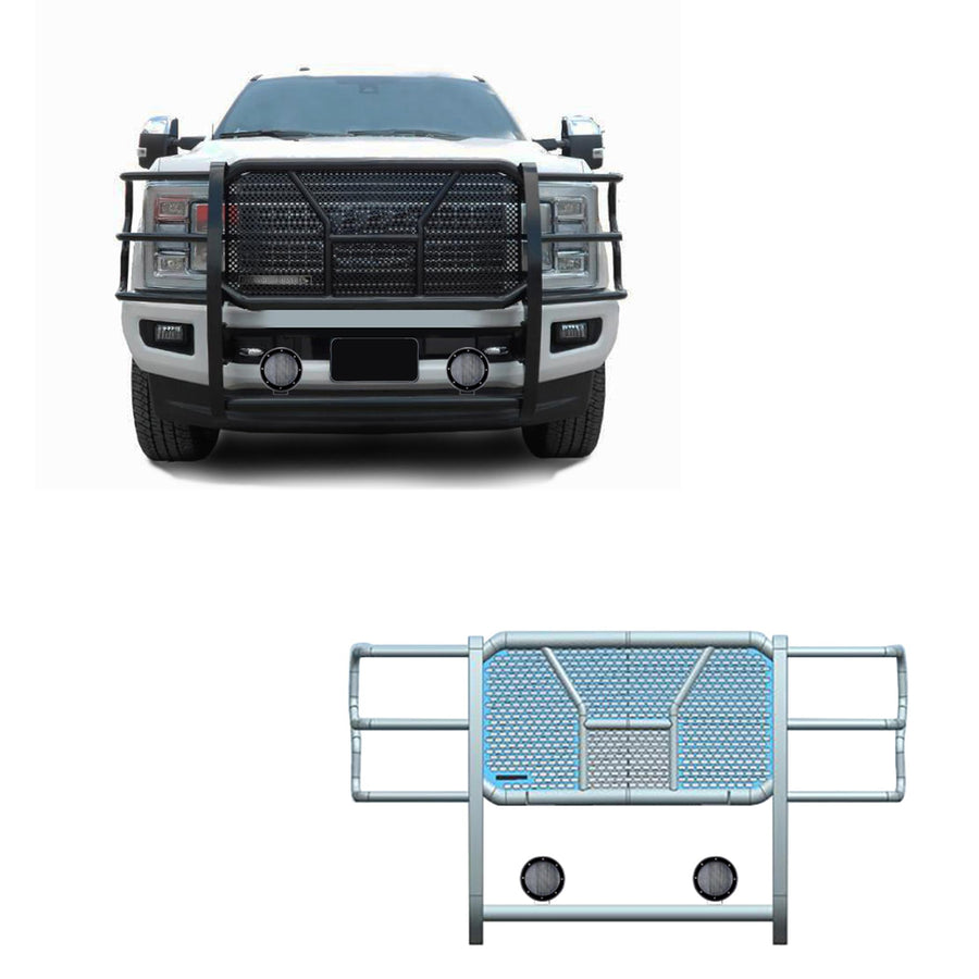 Heavy Duty Black Horse RUGGED Grille Brush Bumper Guard Modular Black Come with Pair of 5.3"LED Lights Compatible with 2011-2016 Ford F-250/Ford F-350/Ford F-450/Ford F-550 Super Duty-RU-FOF217-B-PLFB