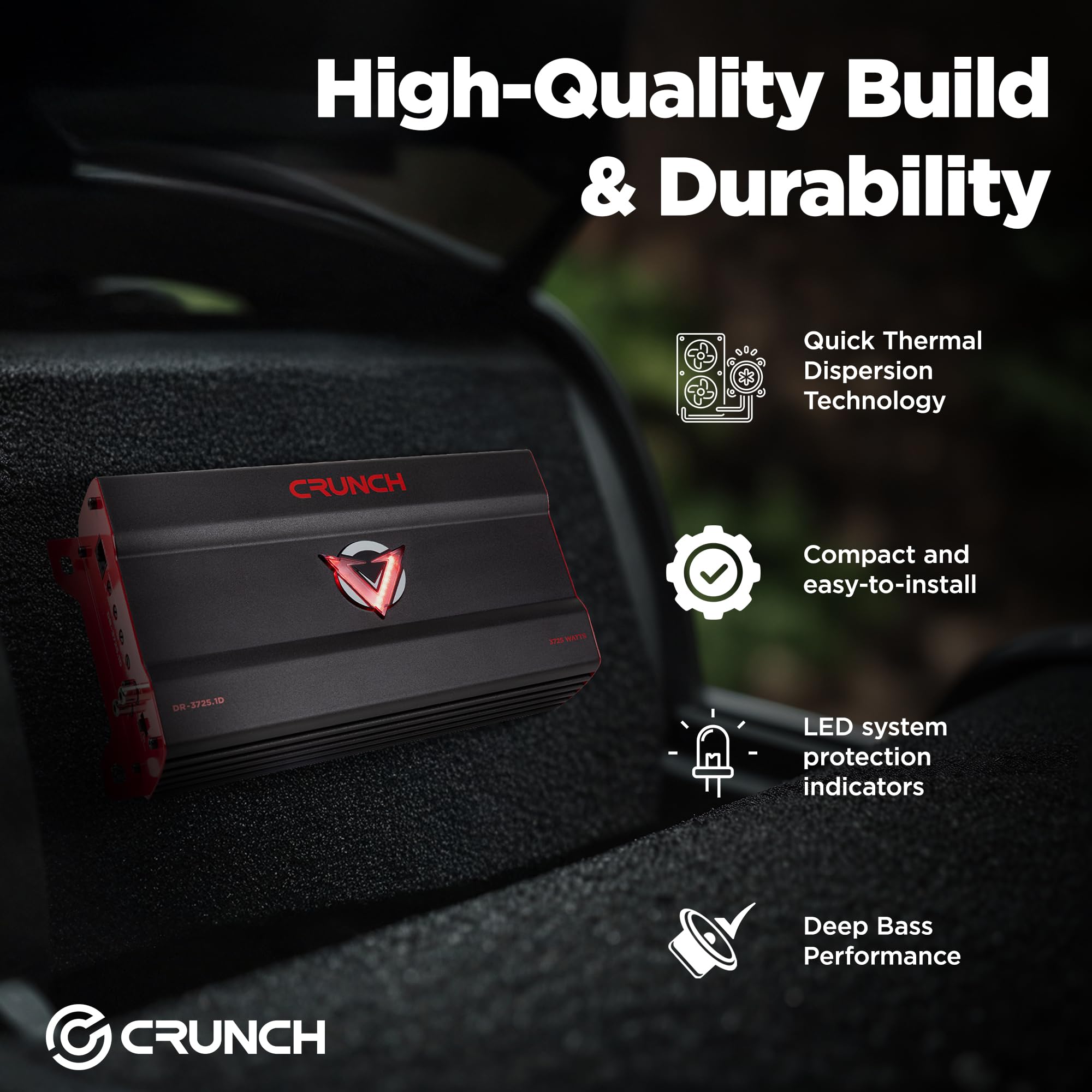 Monoblock Crunch 3725W Car Audio Amplifier with Adjustable Crossovers, Bass Knob & Remote, LED VU-Meter, QTD Cooling and PWM Power Supply
