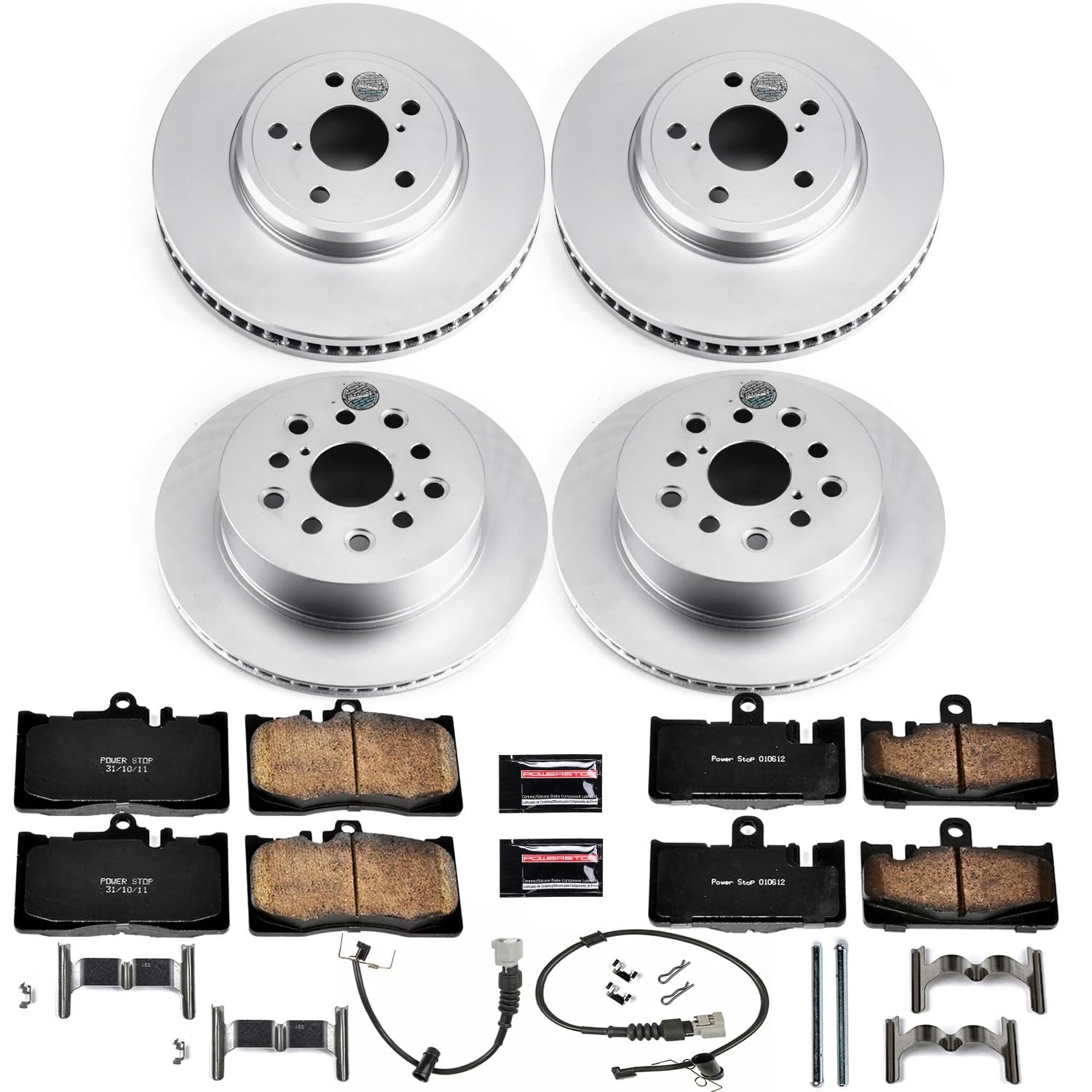Power Stop CRK6805 Coated Brake Rotors and Z17 Front and Rear Brake Pads Kit and 2 Front & 2 Rear Sensor Wires For Lexus LS430 2001-2006 [Model Specific]