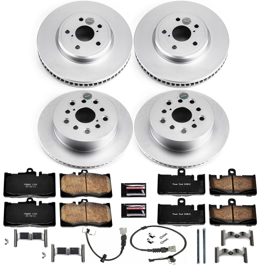 Power Stop CRK6805 Coated Brake Rotors and Z17 Front and Rear Brake Pads Kit and 2 Front & 2 Rear Sensor Wires For Lexus LS430 2001-2006 [Model Specific]