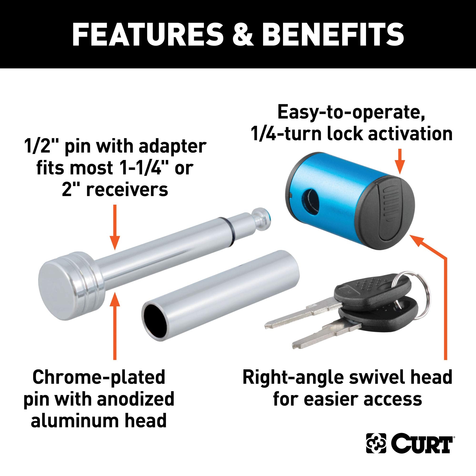 CURT Right-Angle Trailer Hitch Lock, 1/2-Inch Pin Diameter, 5/8-Inch Adapter, Fits 1-1/4 or 2-Inch Receiver
