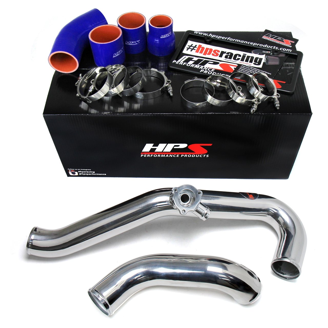 HPS Performance Intercooler Polish (Charge Hot and Cold Side with Blue Hoses) Compatible for 2015-2020 Ford Mustang Ecoboost 2.3L Turbo, 17-102P