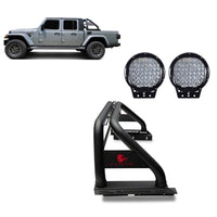 Classic Black Horse Roll Bar Incl.Set of 9 Black Round LED Light Compatible with 2020-2024 Jeep Gladiator-RB09BK-PL69B