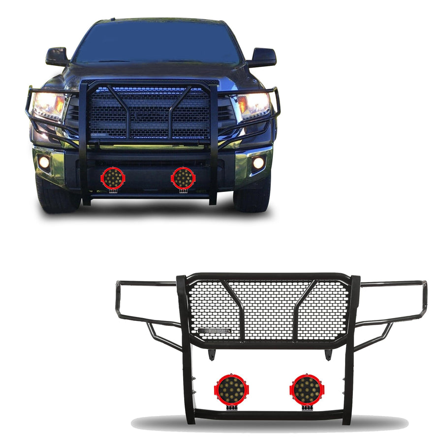 Heavy Duty Black Horse Rugged Grille Brush Bumper Guard Modular Black Come with Pair of 7.0" Dia. LED Lights with Red Trim Rings Compatible with 2007-2020 Tundra|2008-2022 Sequoia-RU-TOTU07-B-PLR