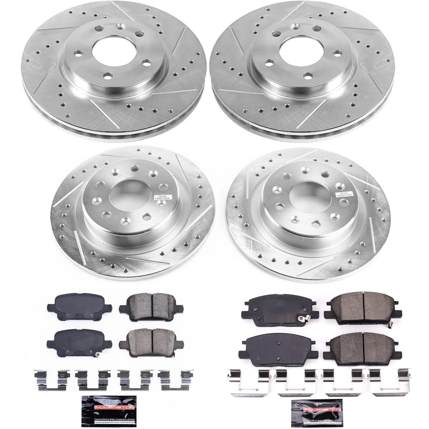 Power Stop K7566 Z23 Carbon Fiber Brake Pads Front and Rear with Drilled & Slotted Brake Rotors Kit For Buick LaCrosse, Buick Regal Sportb, Chevrolet Malibu, GMC Terrain [Model Specific]