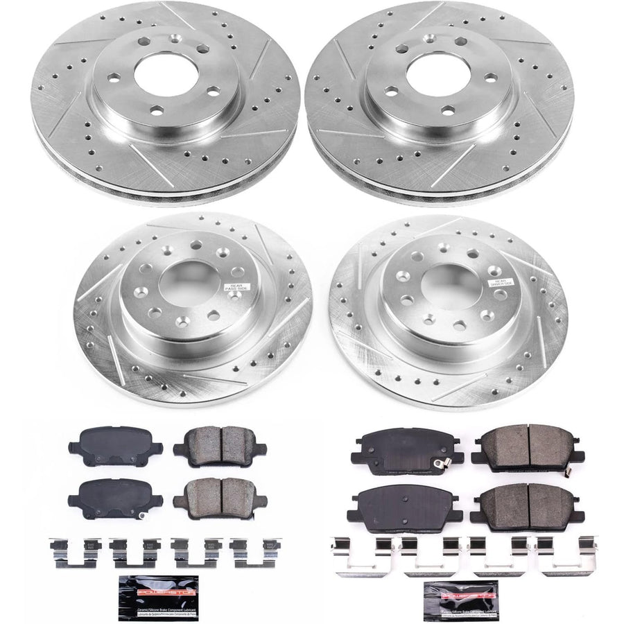 Power Stop K7566 Z23 Carbon Fiber Brake Pads Front and Rear with Drilled & Slotted Brake Rotors Kit For Buick LaCrosse, Buick Regal Sportb, Chevrolet Malibu, GMC Terrain [Model Specific]