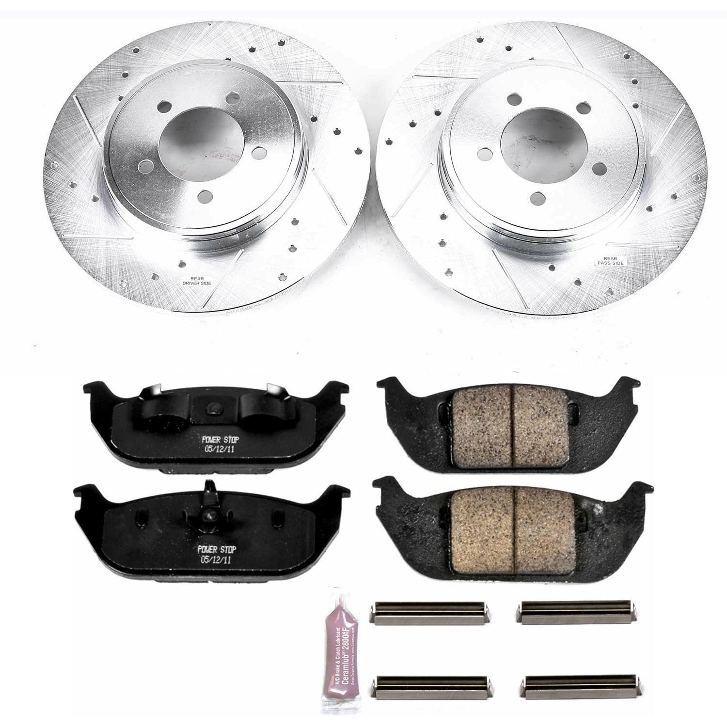Power Stop K3025 Z23 Carbon Fiber Brake Pads Rear with Drilled & Slotted Brake Rotors Kit For Lincoln Aviator 2003-2005 [Model Specific]