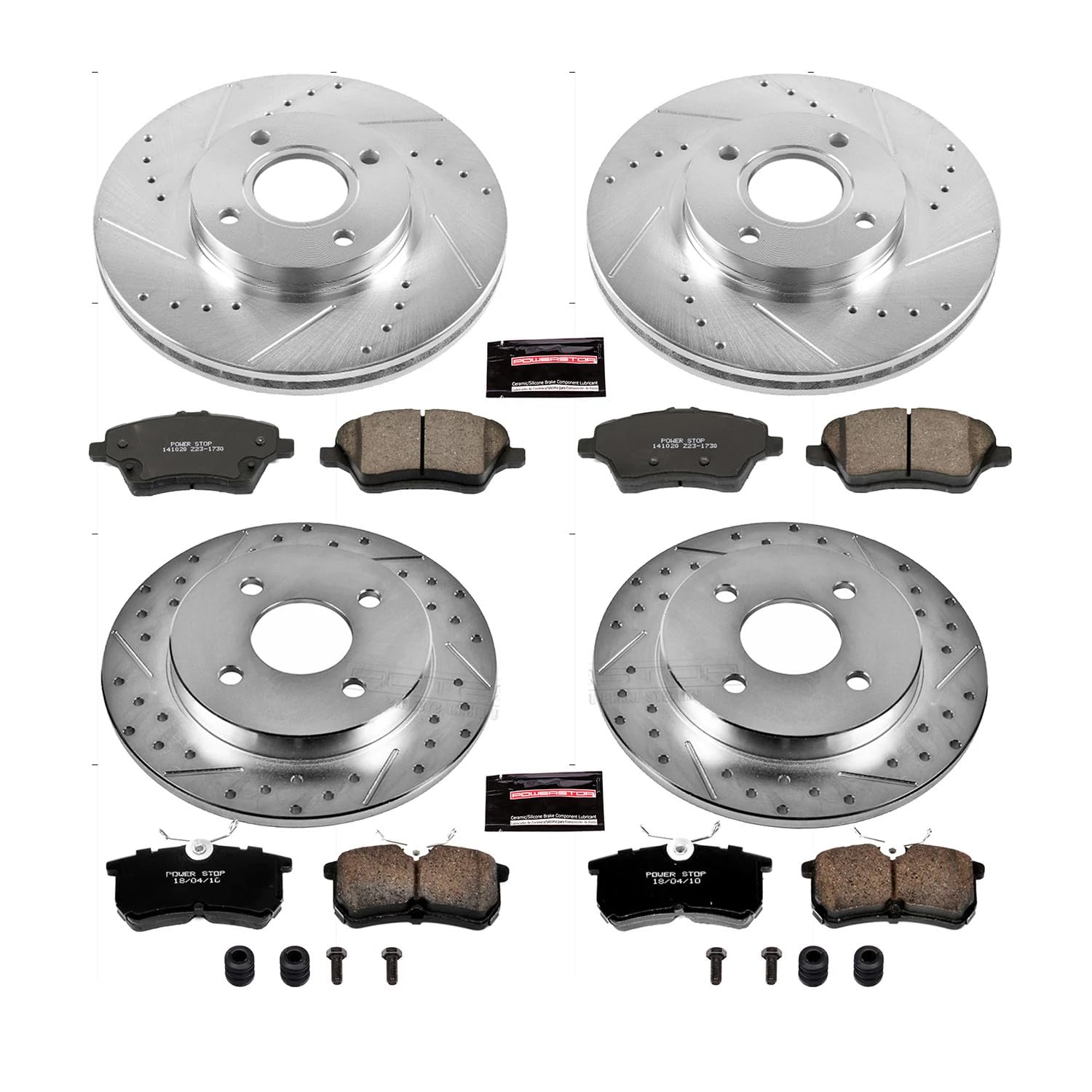 Power Stop K7002 Z23 Carbon Fiber Brake Pads Front and Rear with Drilled & Slotted Brake Rotors Kit For Ford Fiesta 2014-2019 [Model Specific]