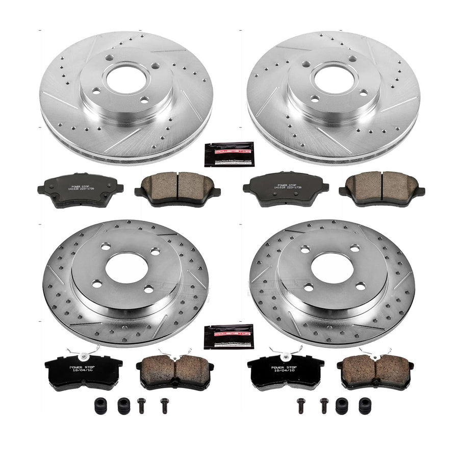 Power Stop K7002 Z23 Carbon Fiber Brake Pads Front and Rear with Drilled & Slotted Brake Rotors Kit For Ford Fiesta 2014-2019 [Model Specific]