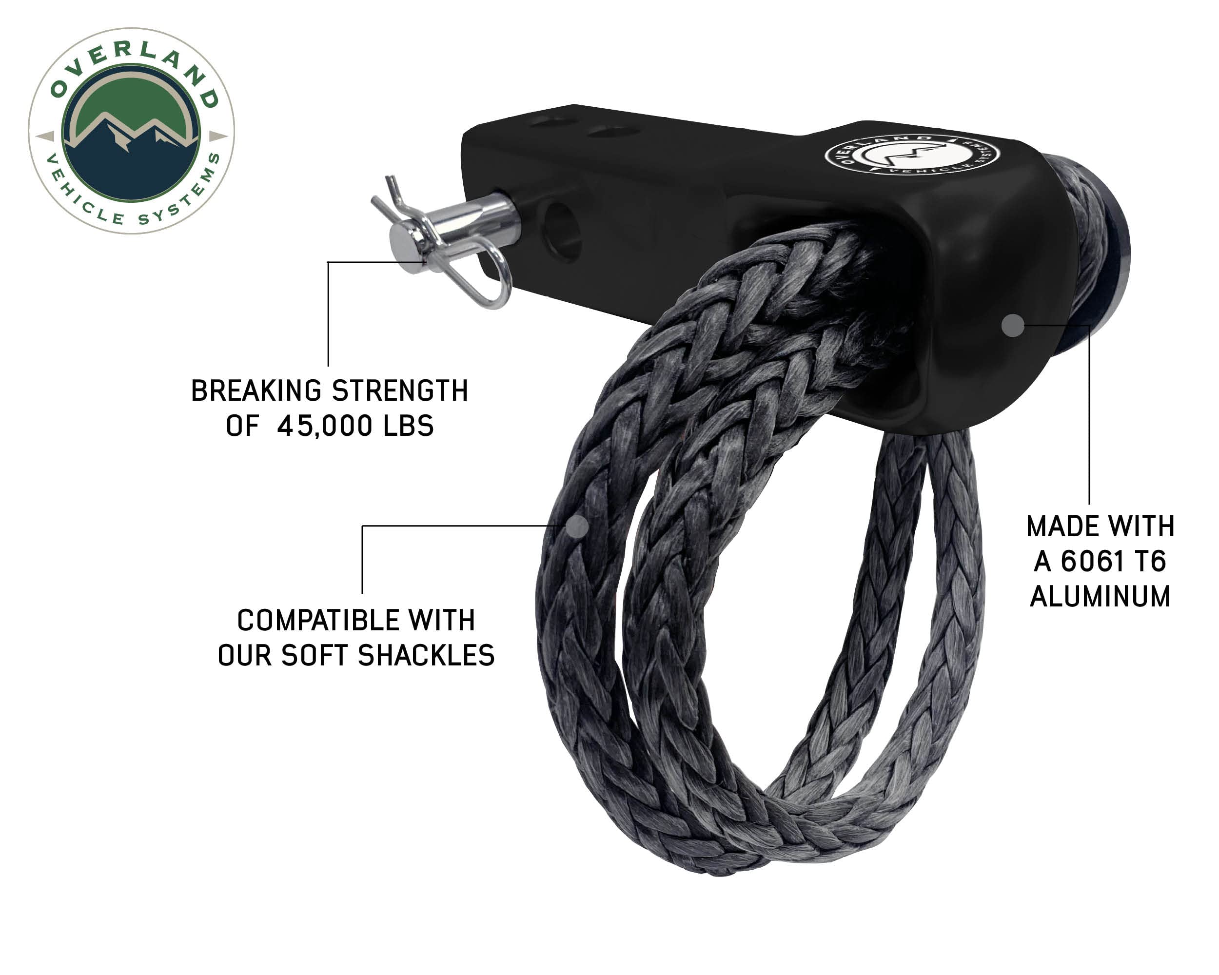 Aluminum Receiver Hitch Mount Overland Vehicle Systems for use with Soft Shackles - T6 6061 Aircraft Grade Aluminum - Glossy Black Powder Coated Finish