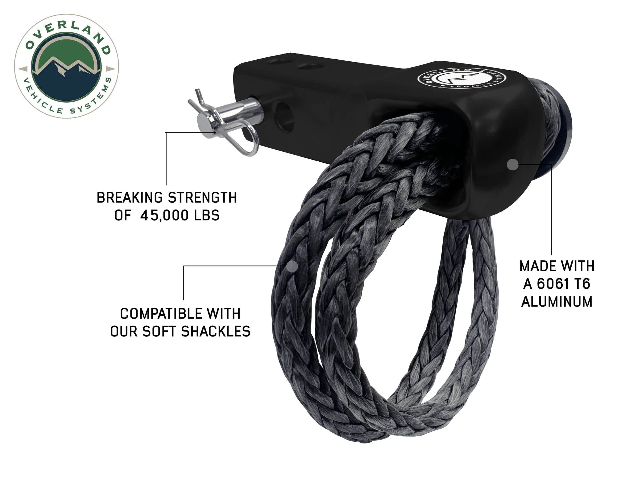 Aluminum Receiver Hitch Mount Overland Vehicle Systems for use with Soft Shackles - T6 6061 Aircraft Grade Aluminum - Glossy Black Powder Coated Finish