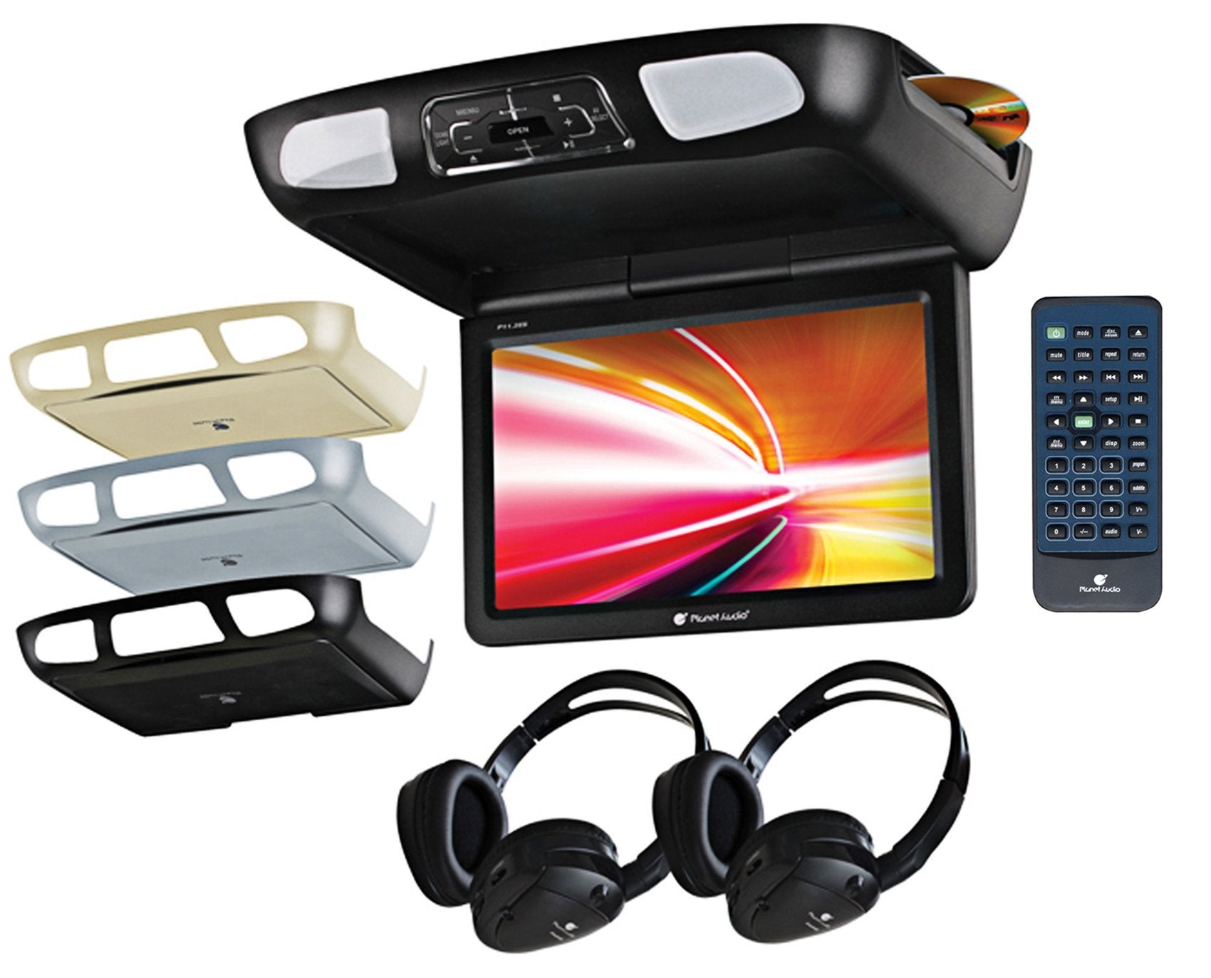 Car Roof-Mount Monitor and DVD Player Planet Audio P10.1ES - 10.1 Inch LCD, Widescreen, Flip-Down, FM Transmitter, IR Transmitter, Speakers, Dome Light, Interchangeable Black/Gray/Tan Housings