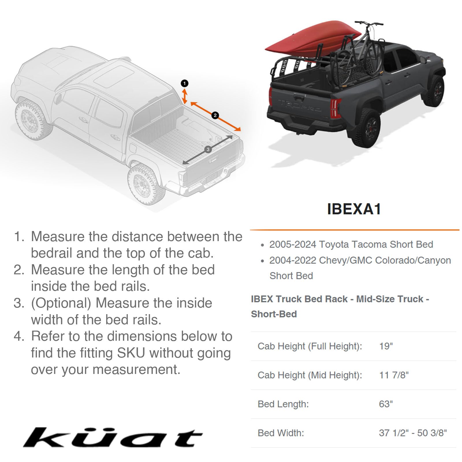 KUAT Ibex Durable Versatile Lightweight Aluminum Adjustable Truck Bed Rack - Stainless Steel Hardware Included | 1,200 LBS Static & 300 LBS Dynamic Weight Capacity, IBEXA1 - Mid-Size - Short-Bed
