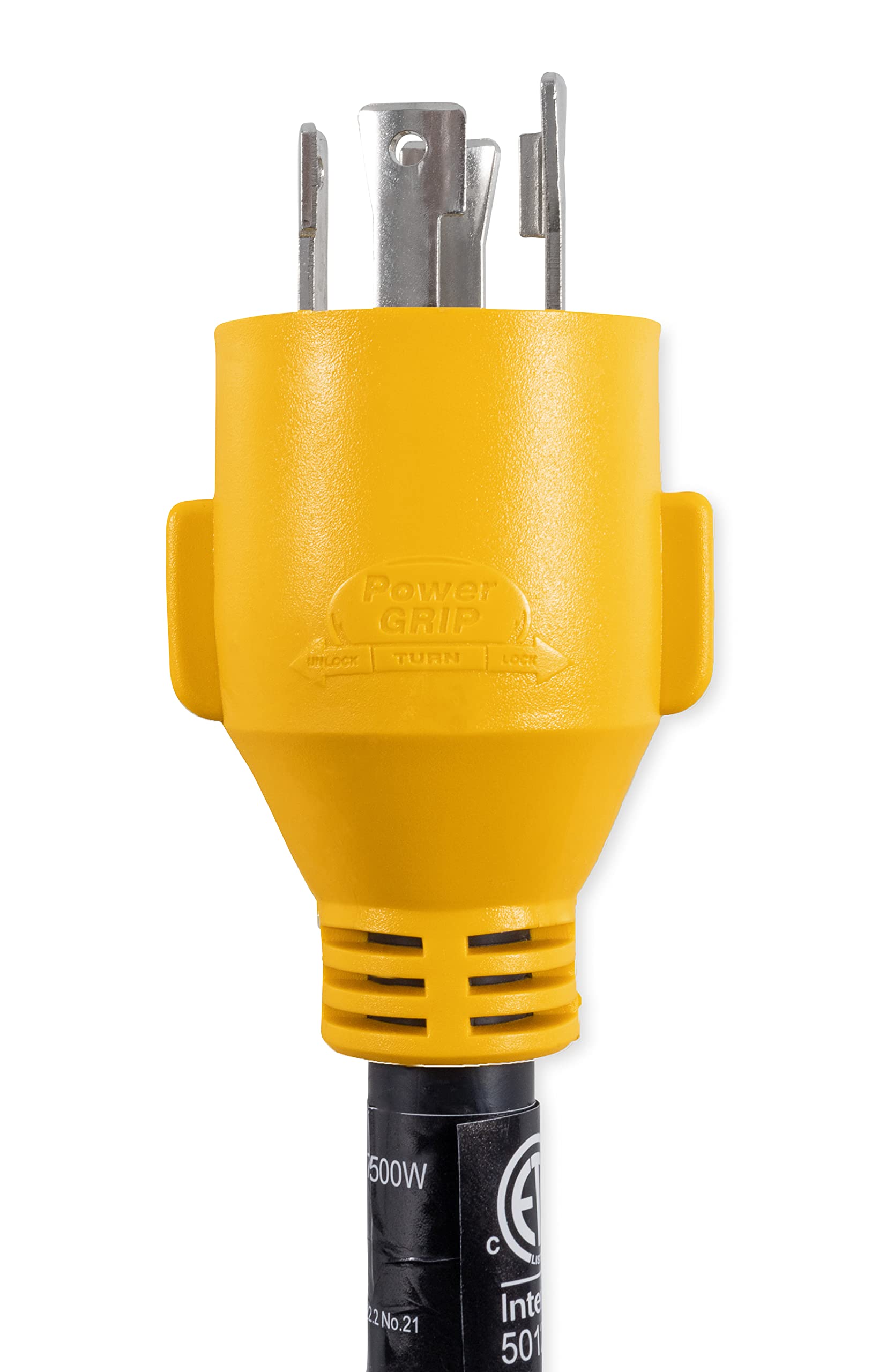 Camco Generator Adapter PowerGrip Camper/RV | Features a 4-Prong L14-30 Male End and a Standard 50-Amp Female End | Rated for 125/250 Volts & 7500 Watts (55422)