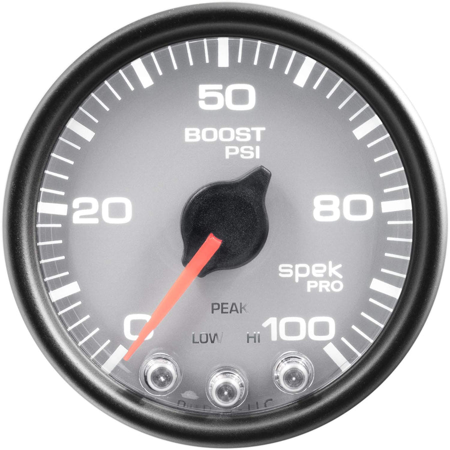 Auto Meter Gauge P30522, Boost, 2 1/16", 100Psi, Stepper Motor W/Peak & Warn, Slvr/Blk, Spek-Pro