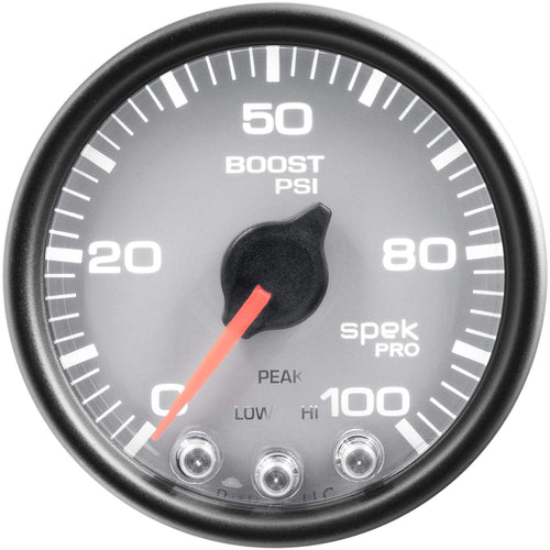 Auto Meter Gauge P30522, Boost, 2 1/16", 100Psi, Stepper Motor W/Peak & Warn, Slvr/Blk, Spek-Pro